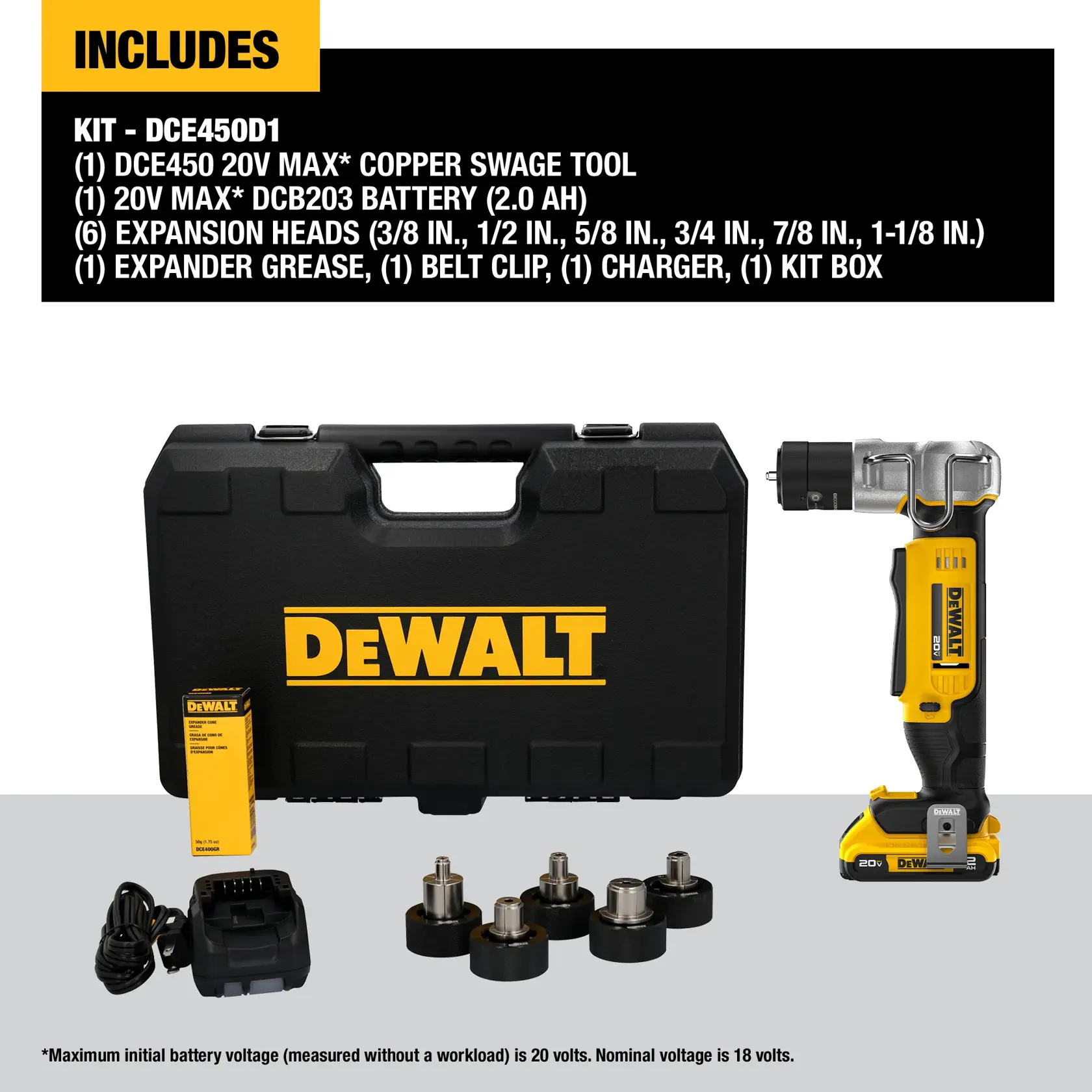 DEWALT 20V MAX* Copper Swage Tool graphic detailing what kit includes.