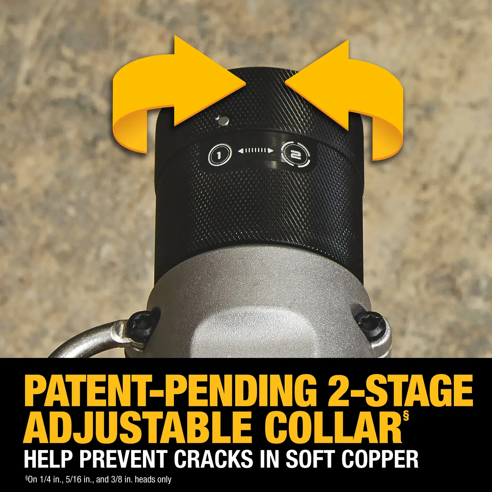 DEWALT 20V MAX* Copper Swage Tool graphic detailing 2 stage adjustable collar. 