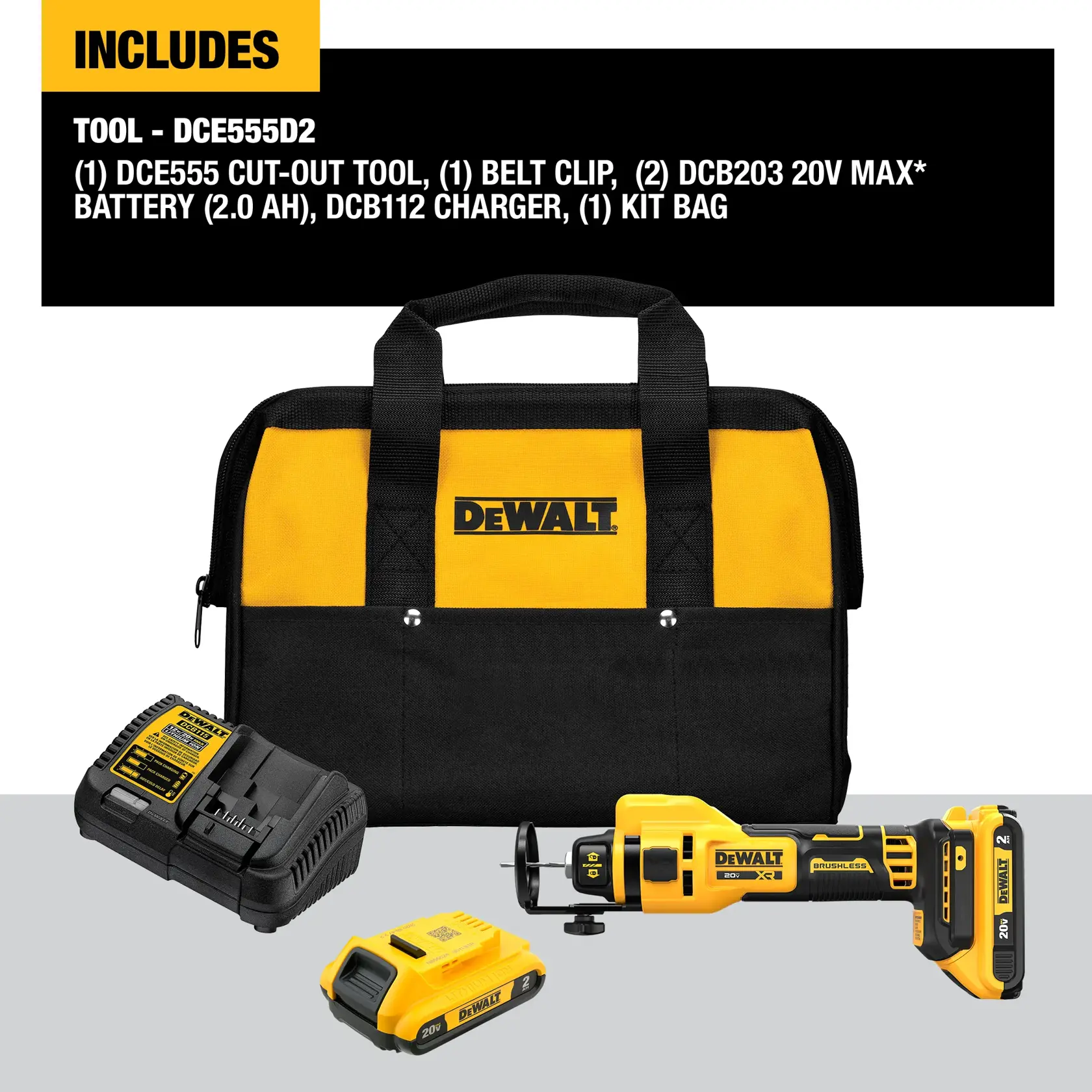 Carousel graphic showing what is included in the DEWALT Drywall Cutout Tool Kit.