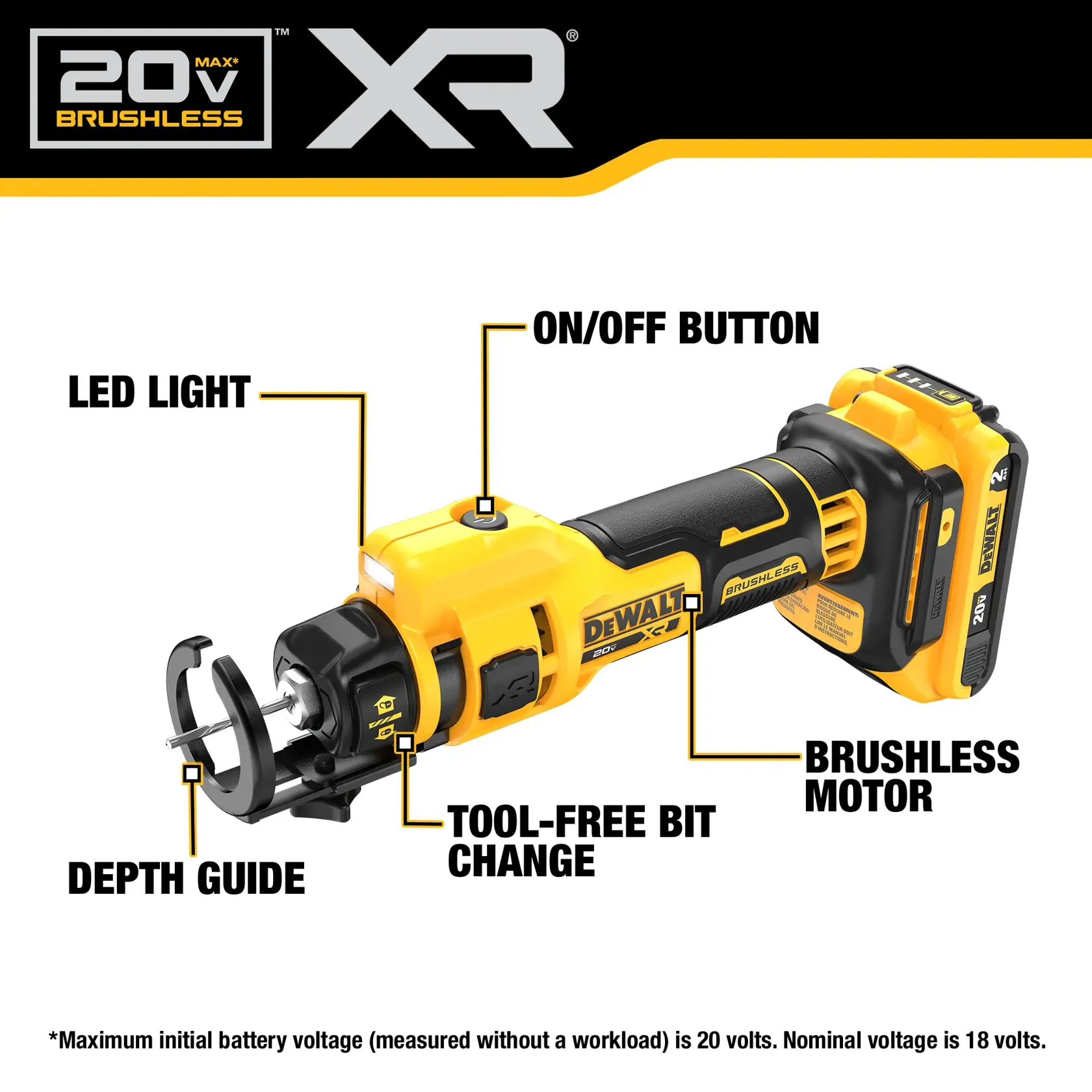 Walk-around image of DEWALT Drywall Cutout Tool with battery.