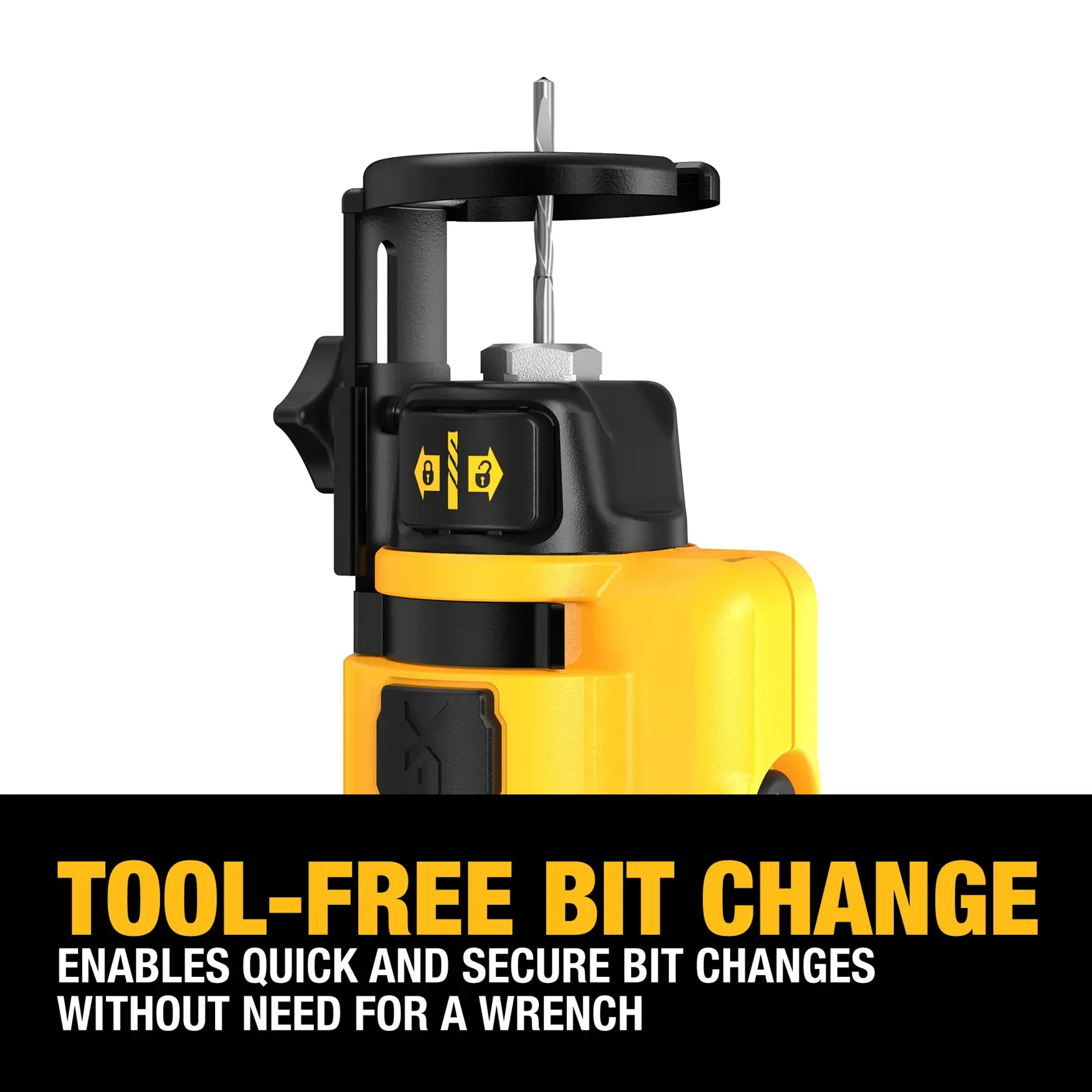 Carousel graphic of DEWALT Drywall Cutout Tool showcasing the tool free bit change. 