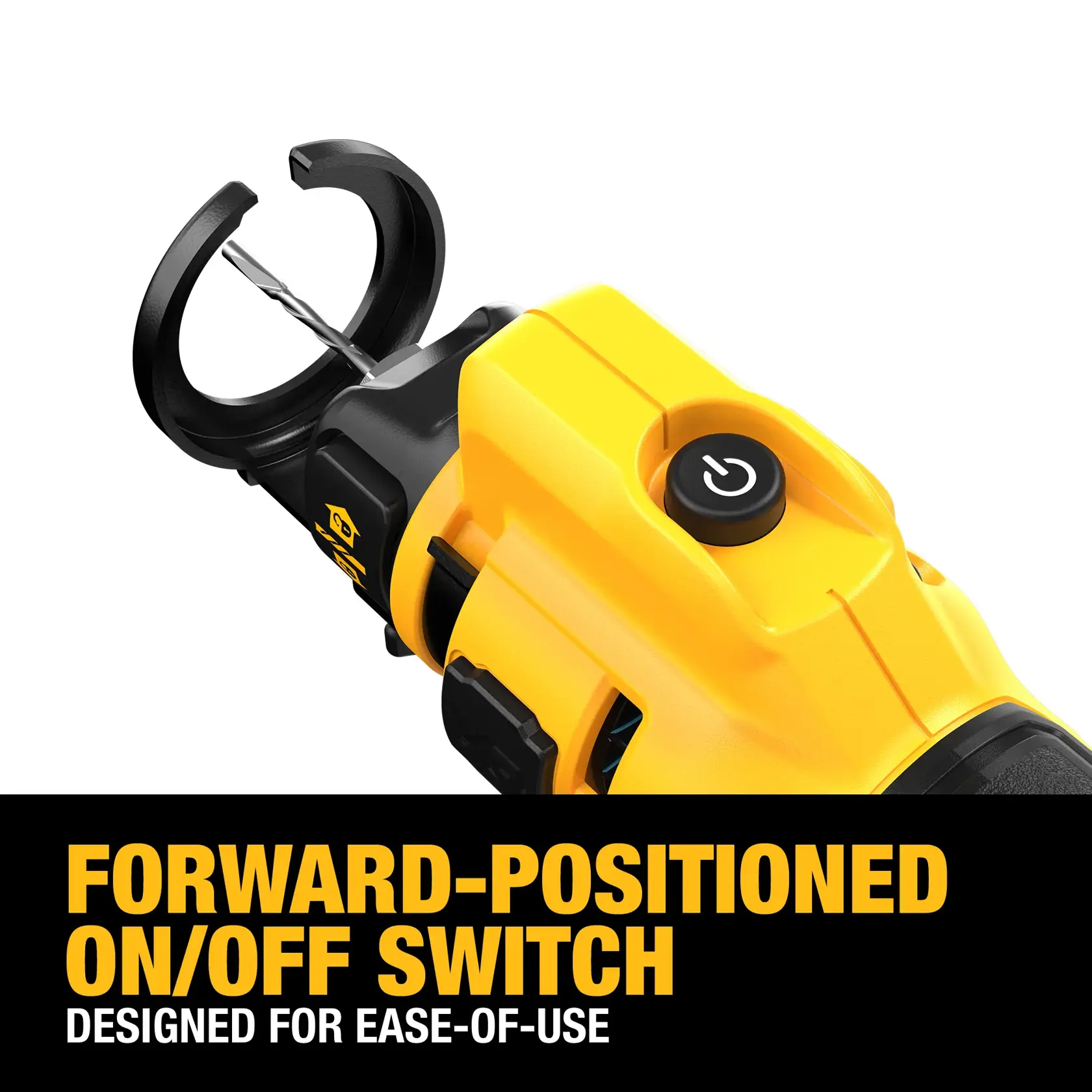 Carousel graphic of DEWALT Drywall Cutout Tool showcasing forward-position on/off switch. 