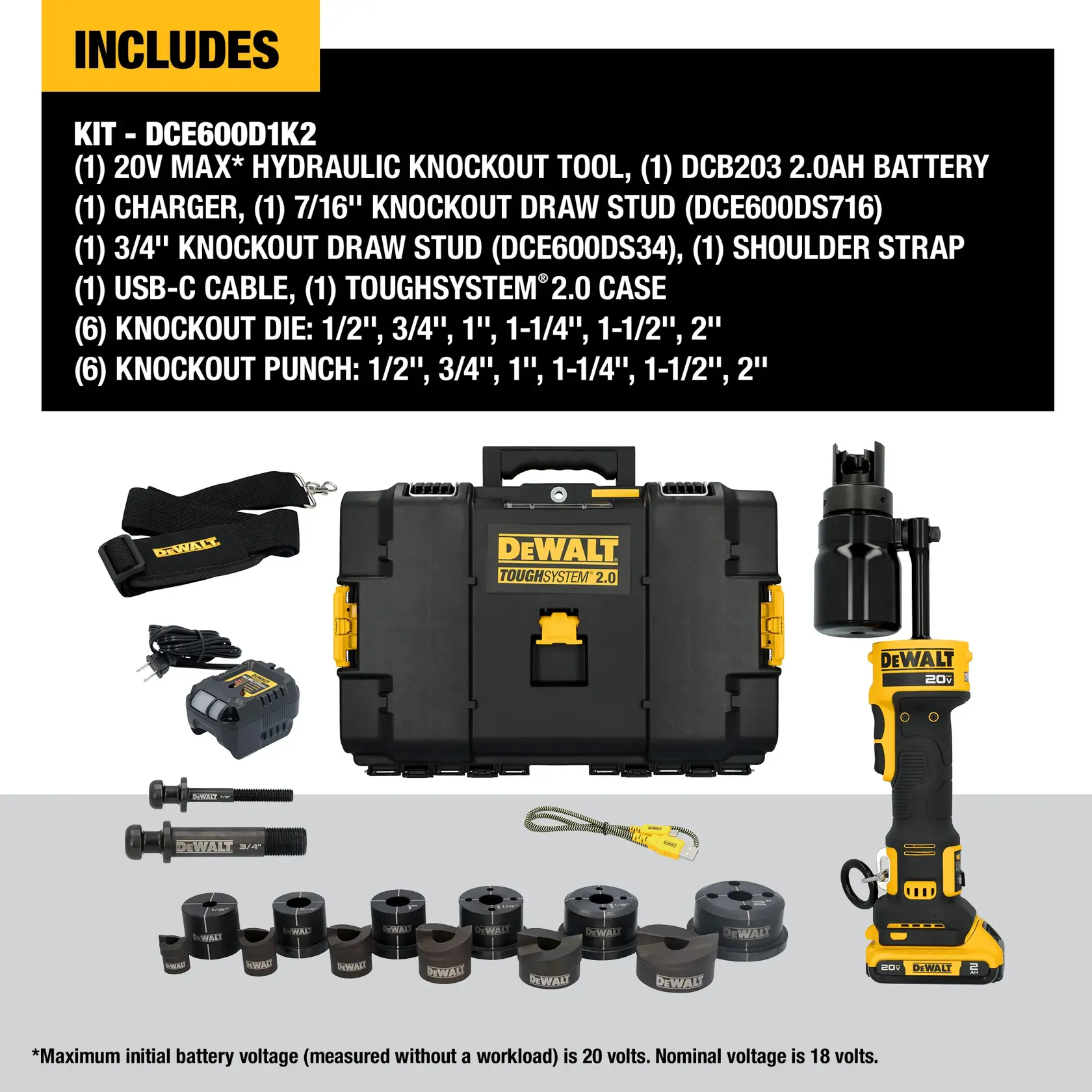 Image of DEWALT Hydraulic Knockout Tool on white background detailing what the kit includes. 
