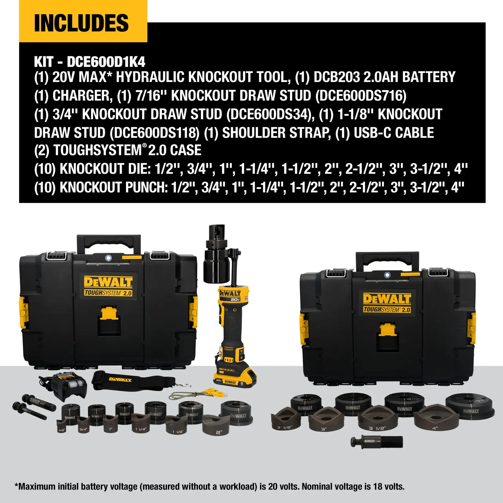 Image of DEWALT Hydraulic Knockout Tool Kit on white background detailing what the kit includes. 