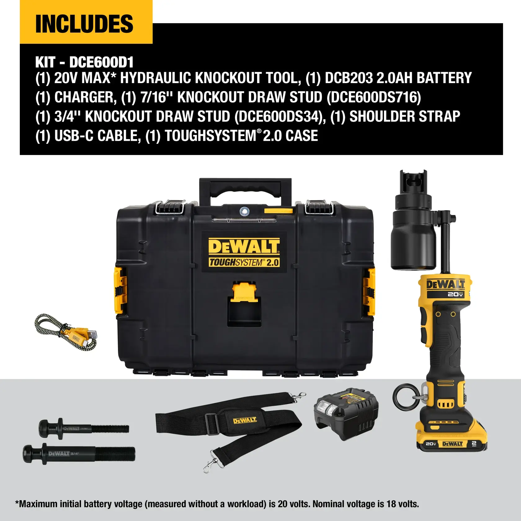 Image of DEWALT Hydraulic Knockout Tool on white background detailing what the kit includes. 