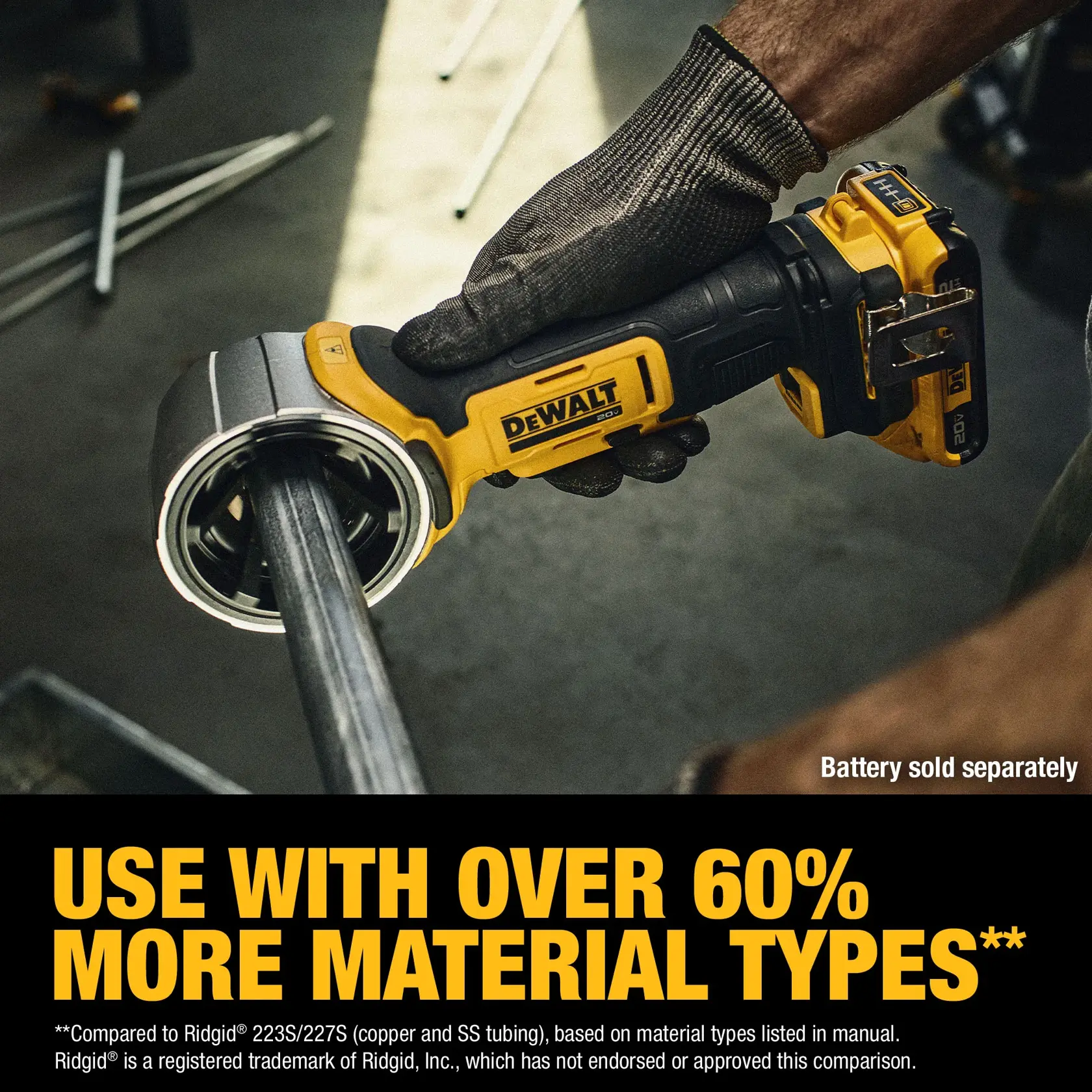 Carousel graphic showing the 20V MAX* Pipe Deburring Tool can be used with over 60% more material types**