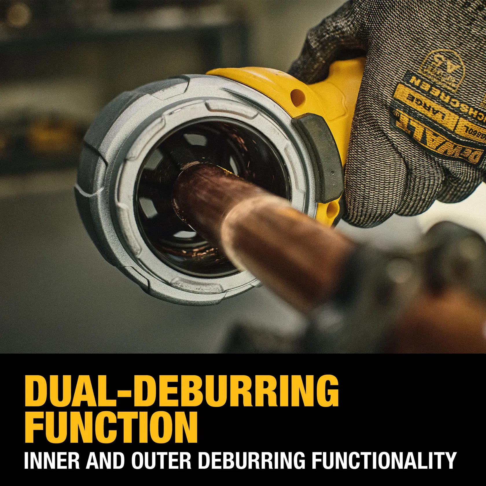 Carousel graphic showing the 20V MAX* Pipe Deburring Tool has a dual-deburring function