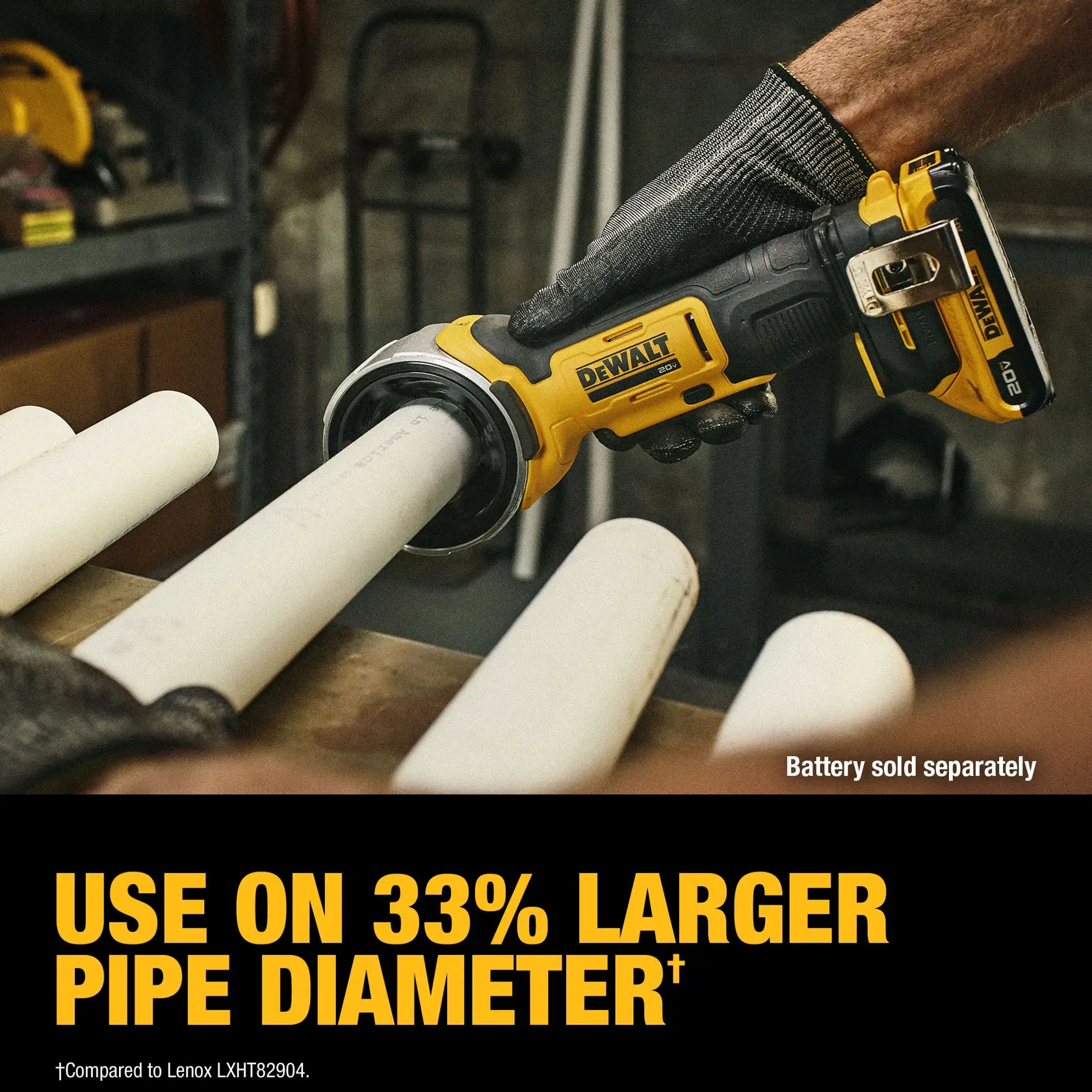 Carousel graphic showing the 20V MAX* Pipe Deburring Tool can be used on 33% larger pipe diameter†