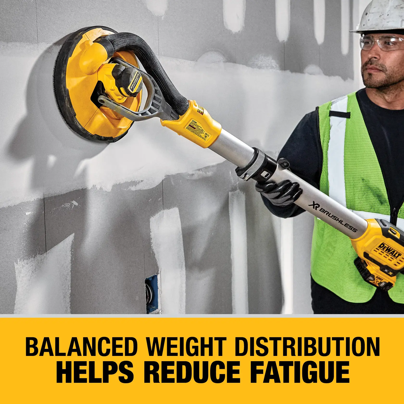 Cordless drywall sander being used by person on ceiling.