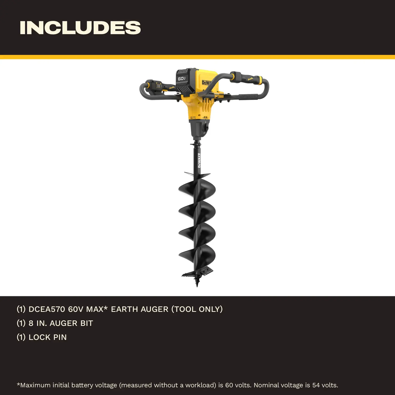 DEWALT 60V MAX earth auger with handles, 8-inch auger bit, and lock pin included, shown on white background.