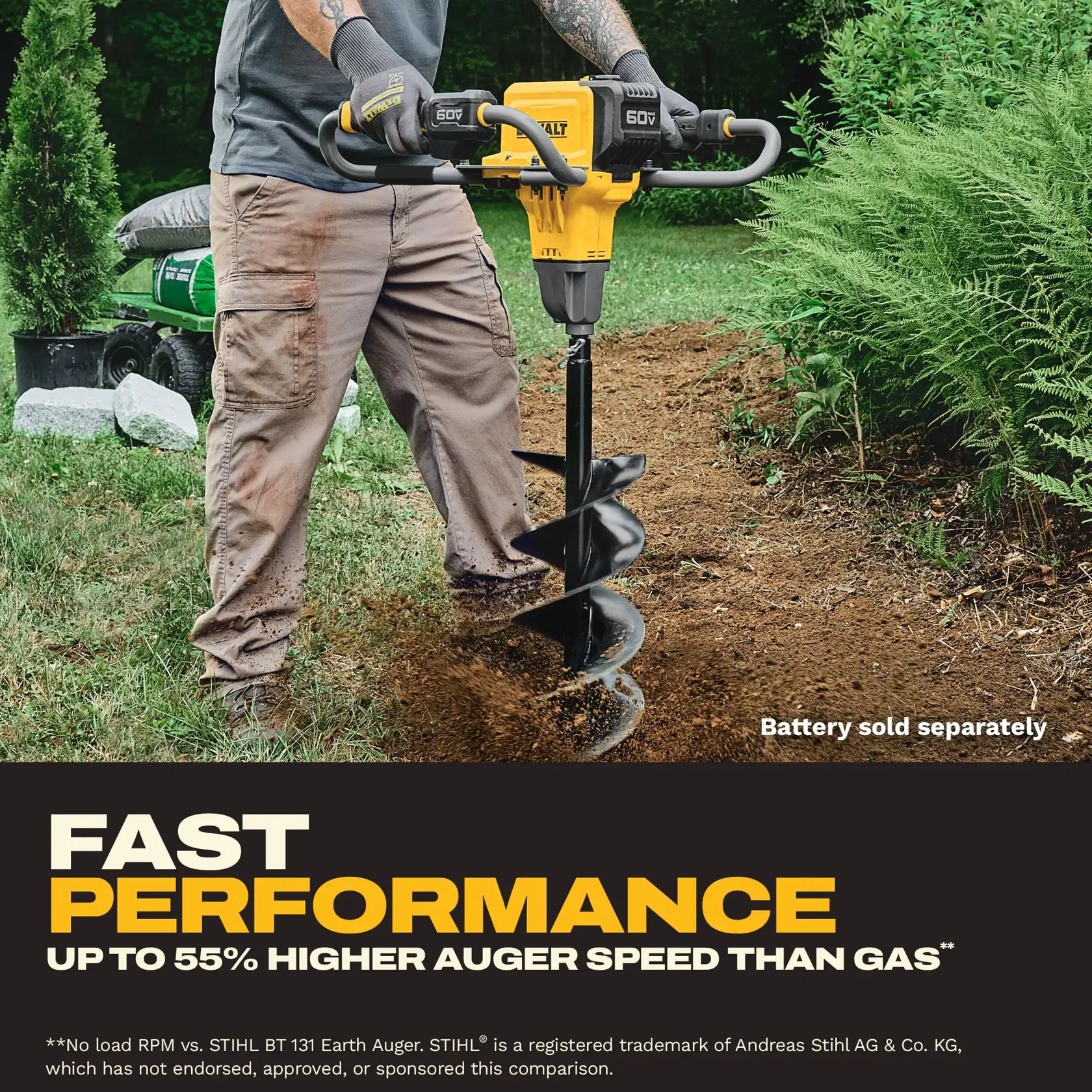 Person using DEWALT cordless earth auger outdoors. Fast performance, up to 55% faster than gas models.