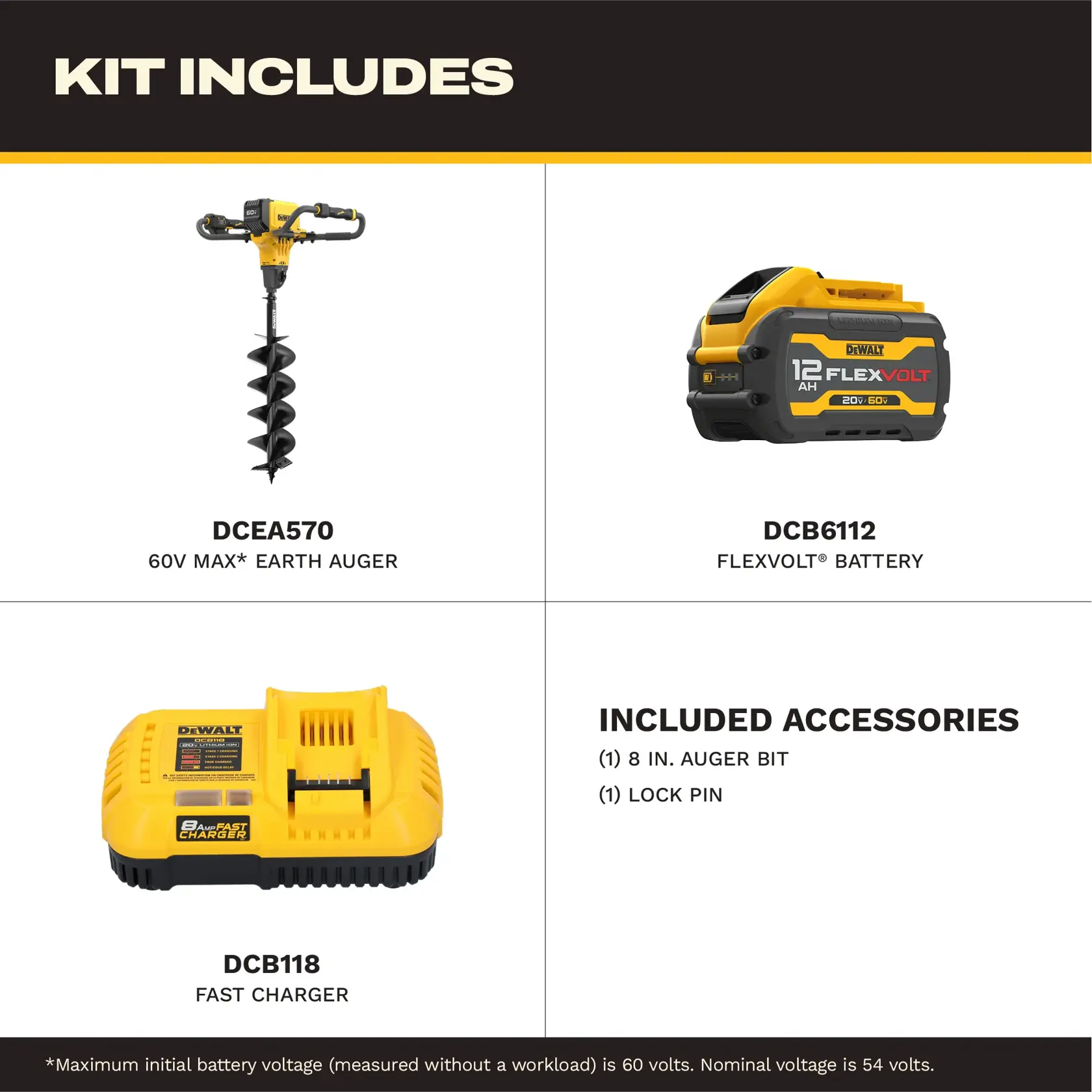 DEWALT earth auger kit includes auger, FLEXVOLT battery, fast charger, 8-inch auger bit, and lock pin.