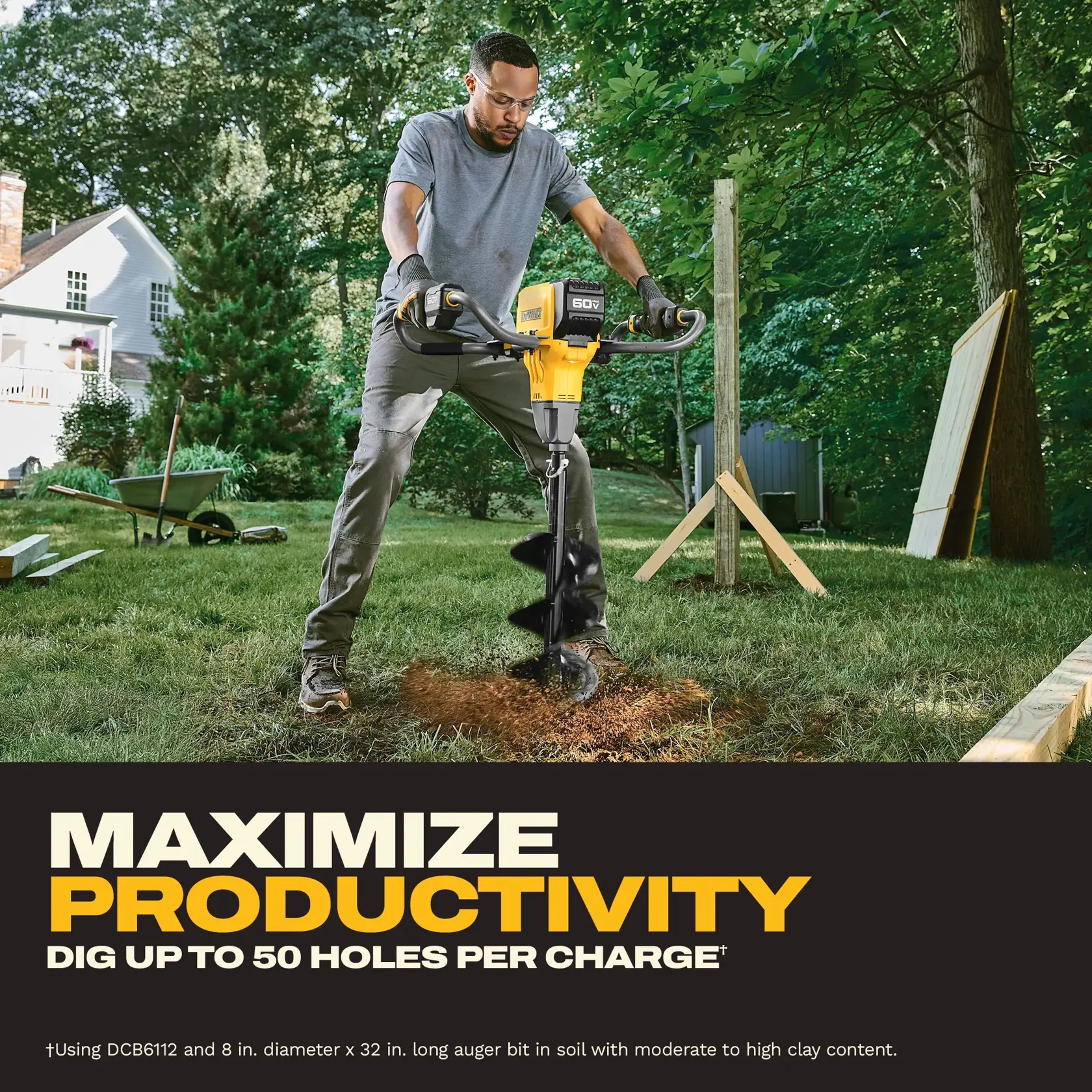 Person uses a yellow DEWALT auger tool outdoors to dig holes in soil, with productivity and charge info highlighted below.