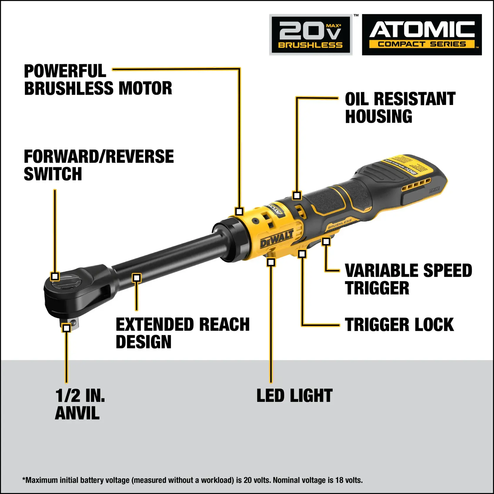 Image of a DEWALT 20V MAX Atomic Compact Series ratchet tool, highlighting features such as powerful brushless motor, oil resistant housing, forward/reverse switch, variable speed trigger, trigger lock, extended reach design, 1/2 inch anvil, and LED light.