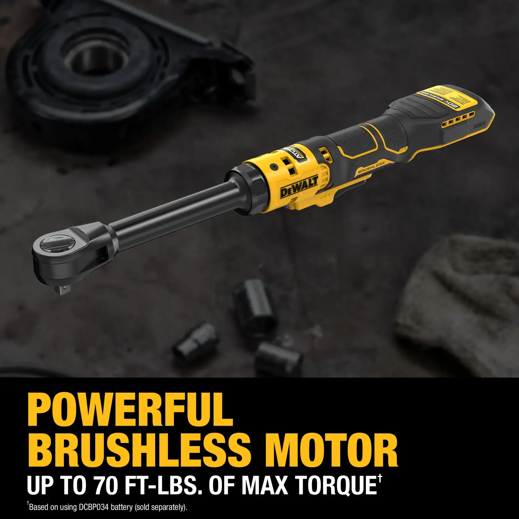 A DEWALT cordless ratchet tool is shown, featuring a yellow and black design. Text on the image highlights its powerful brushless motor with up to 70 ft-lbs. of max torque. The tool is placed on a workbench with automotive parts and a cloth in the background.