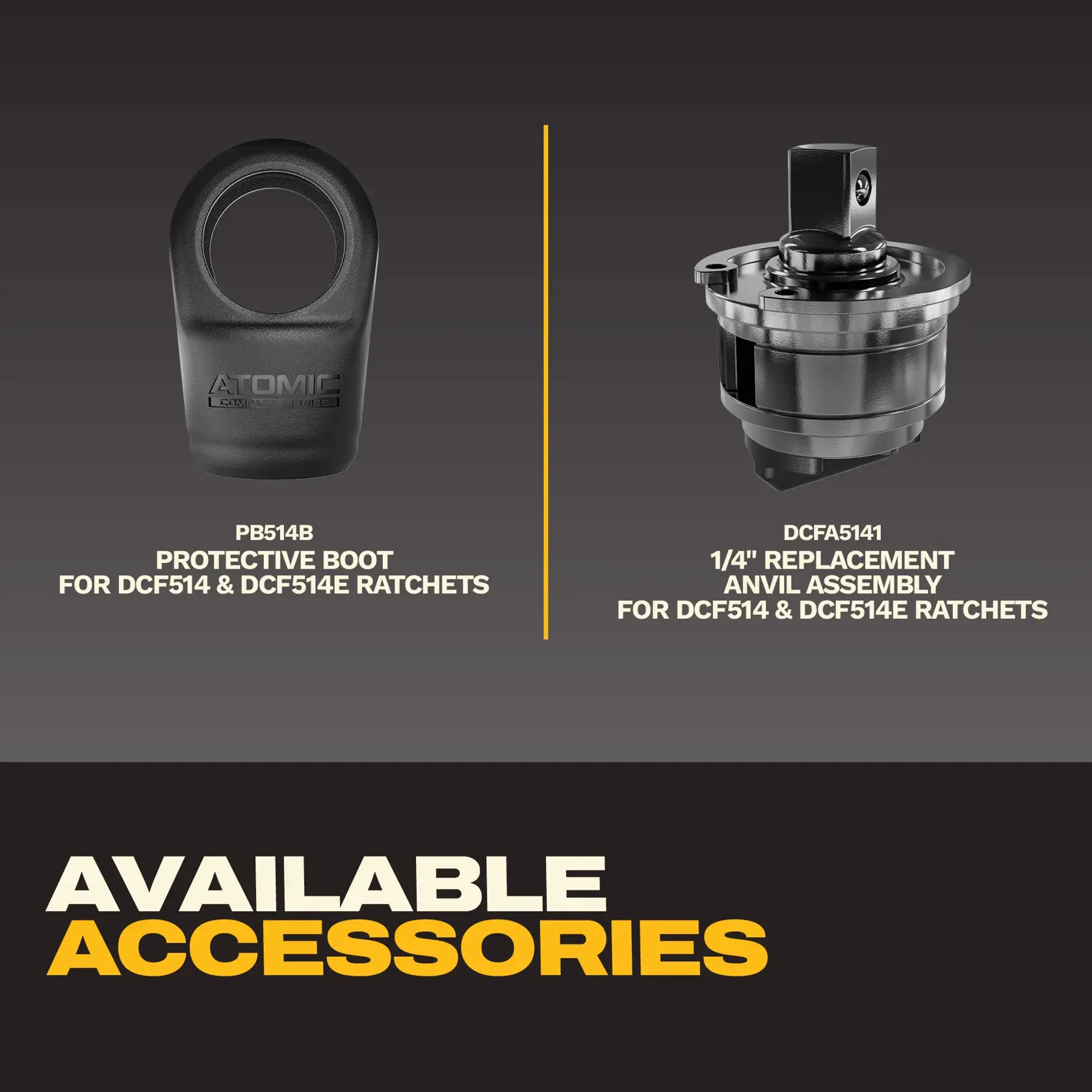 Image showing two available accessories for DCF514 and DCF514E ratchets. On the left is a protective boot with the label 'PB514B Protective Boot for DCF514 & DCF514E Ratchets.' On the right is a 1/4 inch replacement anvil assembly labeled 'DCFA5141 1/4" Replacement Anvil Assembly for DCF514 & DCF514E Ratchets.' The text at the bottom reads 'Available Accessories.'