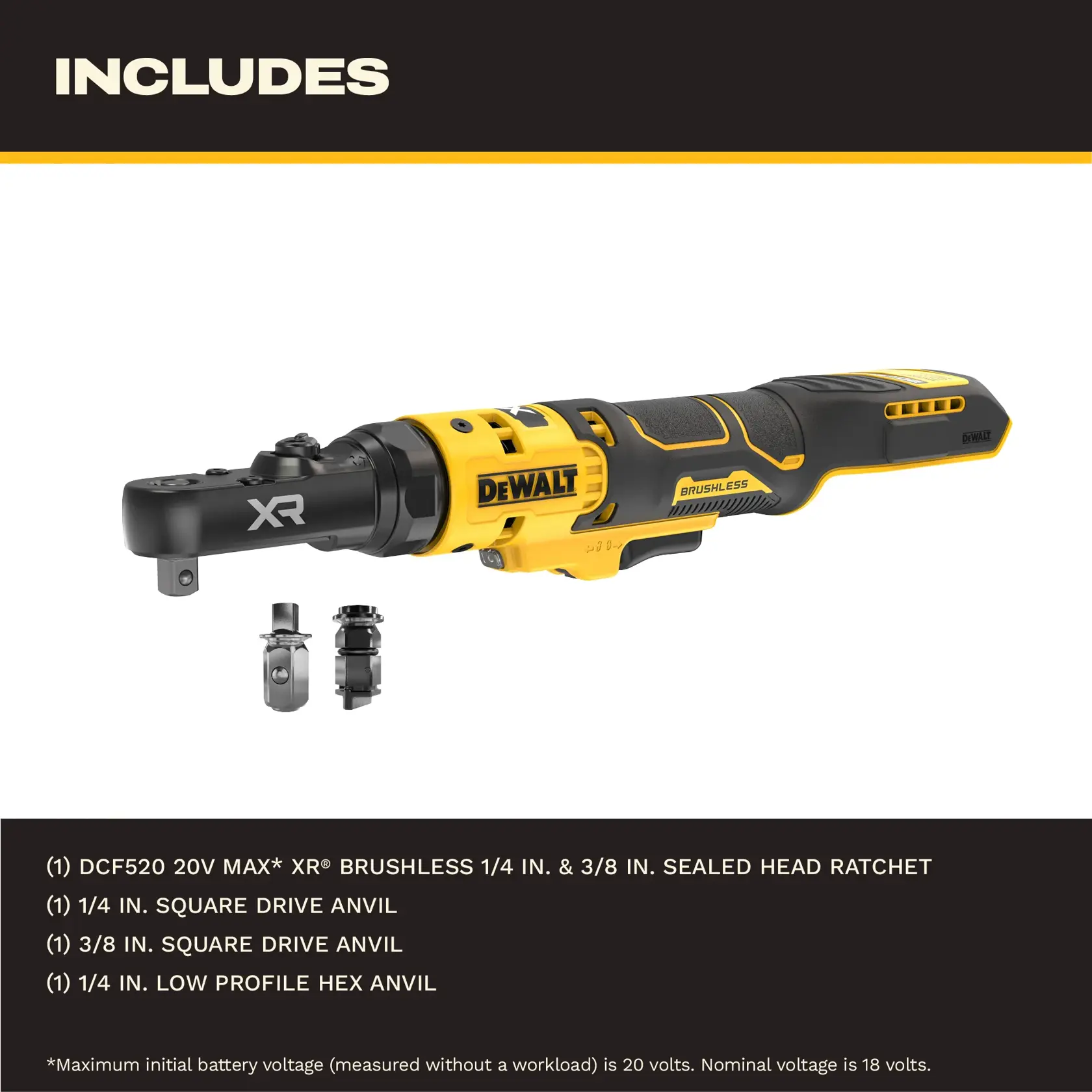 Image showing the contents included with a DEWALT XR brushless ratchet tool kit. The main item is a yellow and black DEWALT 20V MAX XR brushless ratchet with a sealed head. The kit also includes a 1/4 inch square drive anvil, a 3/8 inch square drive anvil, and a 1/4 inch low profile hex anvil. Product details and voltages are listed at the bottom.