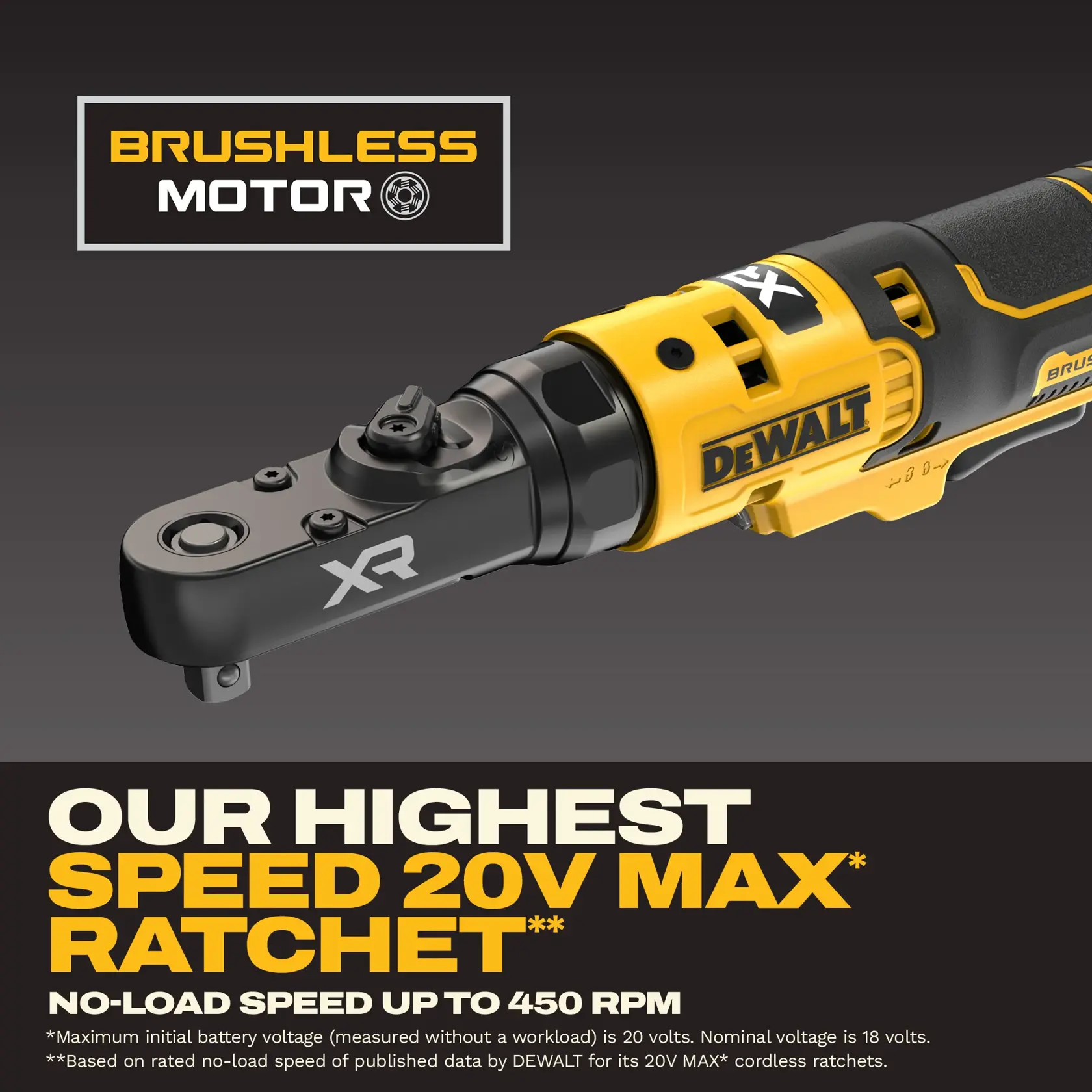 A promotional image for a DEWALT XR cordless ratchet tool featuring a yellow and black color scheme. The image highlights the tool’s brushless motor technology, with key text reading 'OUR HIGHEST SPEED 20V MAX* RATCHET**' and 'NO-LOAD SPEED UP TO 450 RPM.' The DEWALT logo is visible on the tool’s handle. Additional fine print provides voltage information and reference to the no-load speed.