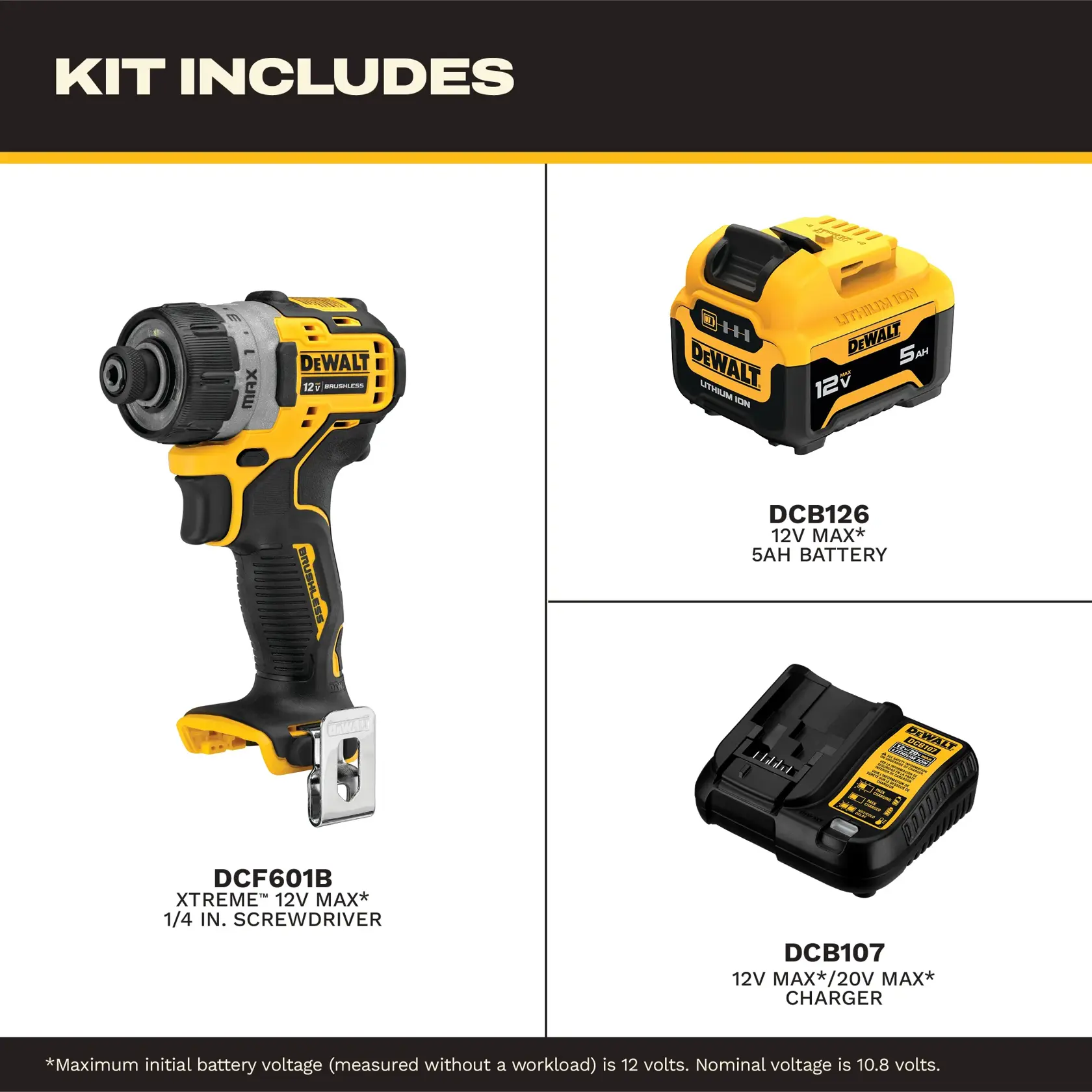 Image showing the contents of a DEWALT kit. Includes a 12V MAX XTREME cordless screwdriver (DCF601B), a 12V MAX 5Ah lithium ion battery (DCB126), and a 12V MAX/20V MAX charger (DCB107).
