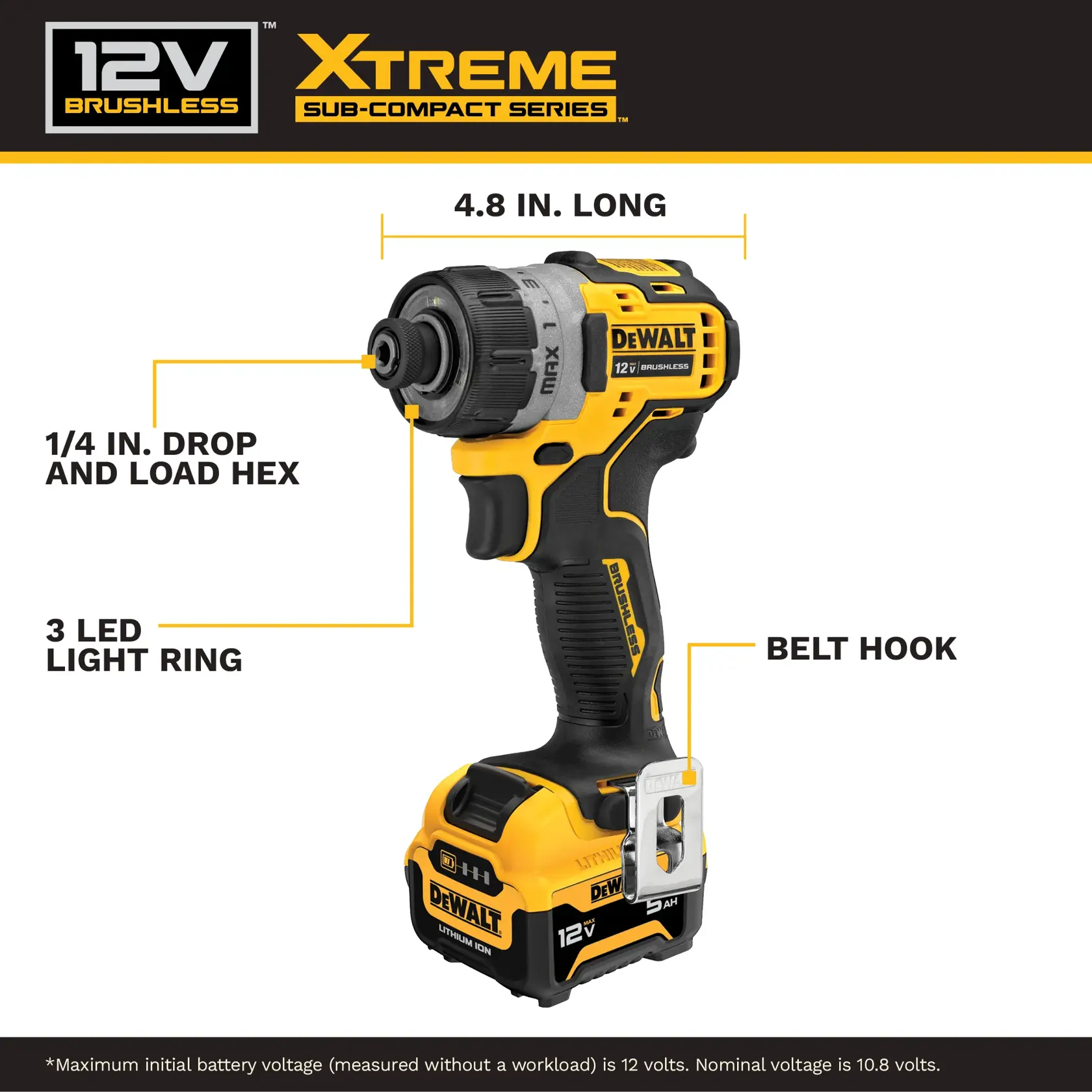 Image showing a DEWALT 12V Brushless XTREME Sub-Compact Series cordless power tool. Key features highlighted include a 4.8 inch length, a 1/4 inch drop and load hex, a 3 LED light ring, and a belt hook. The tool is black and yellow, with DEWALT branding and a lithium-ion battery pack.