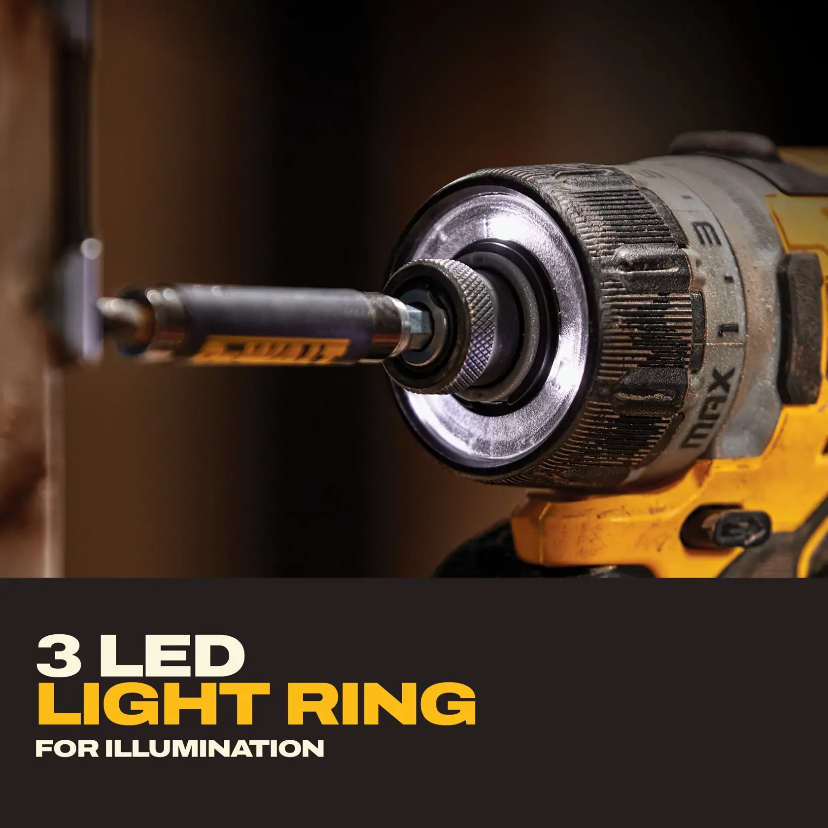 Close-up image of a DEWALT cordless power drill with a bit attached, featuring a three-LED light ring for illumination. Text on the image reads '3 LED Light Ring for Illumination.'