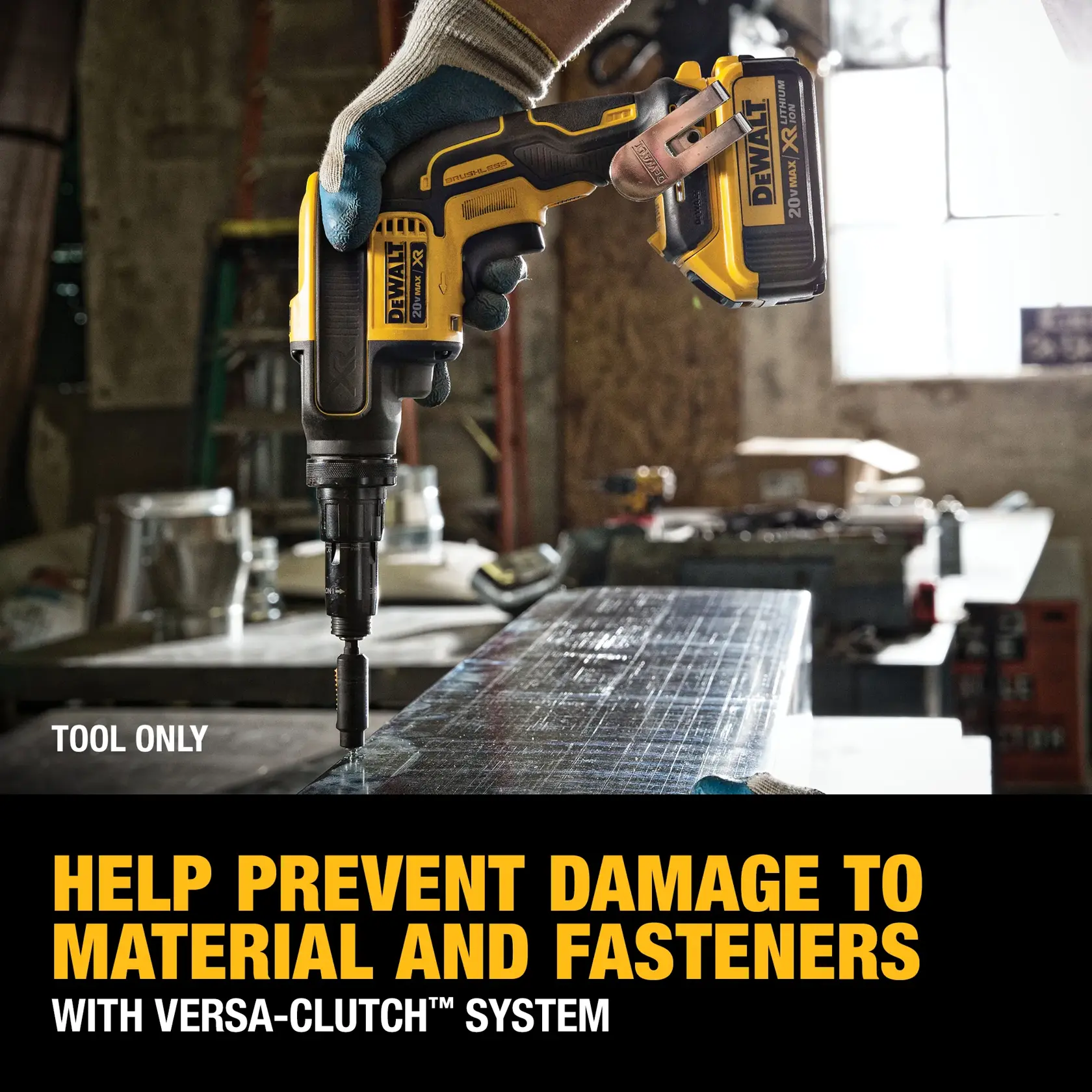 XR Versa-Clutch adjustable torque screw gun being used by person to fasten metallic roof panel.