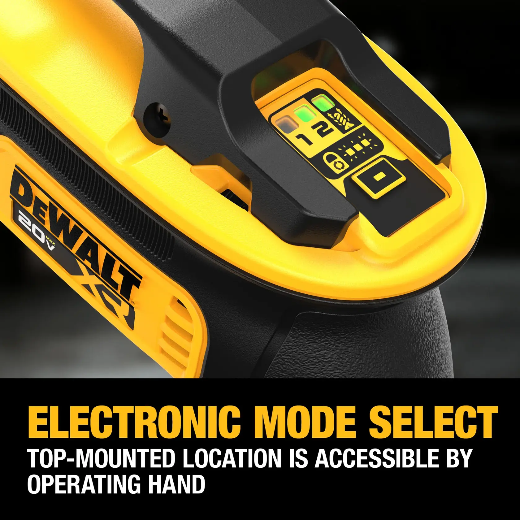 Close up of DeWalt 20V MAX Lithium Ion Cordless Brushless Screwgun highlighting electronic mode select