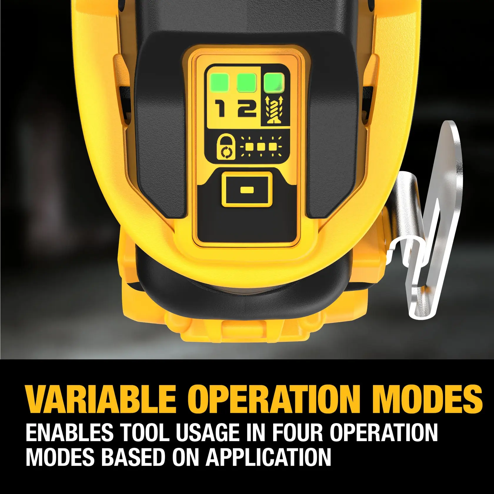 Close up of DeWalt 20V MAX Lithium Ion Cordless Brushless Screwgun highlighting electronic mode select