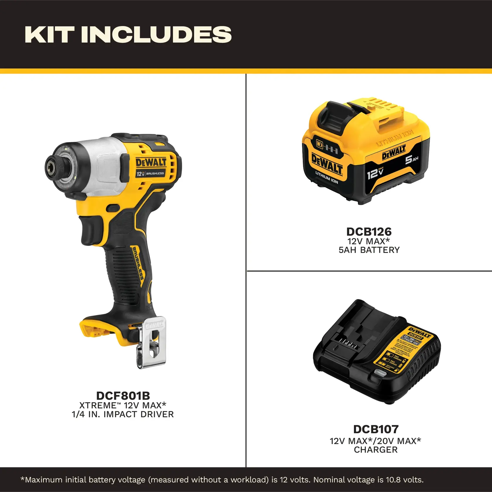DEWALT kit includes three items: a yellow and black XTREME 12V MAX 1/4 inch impact driver (DCF801B), a 12V MAX 5Ah lithium-ion battery (DCB126), and a 12V MAX/20V MAX charger (DCB107), all shown separately against a clean white background.