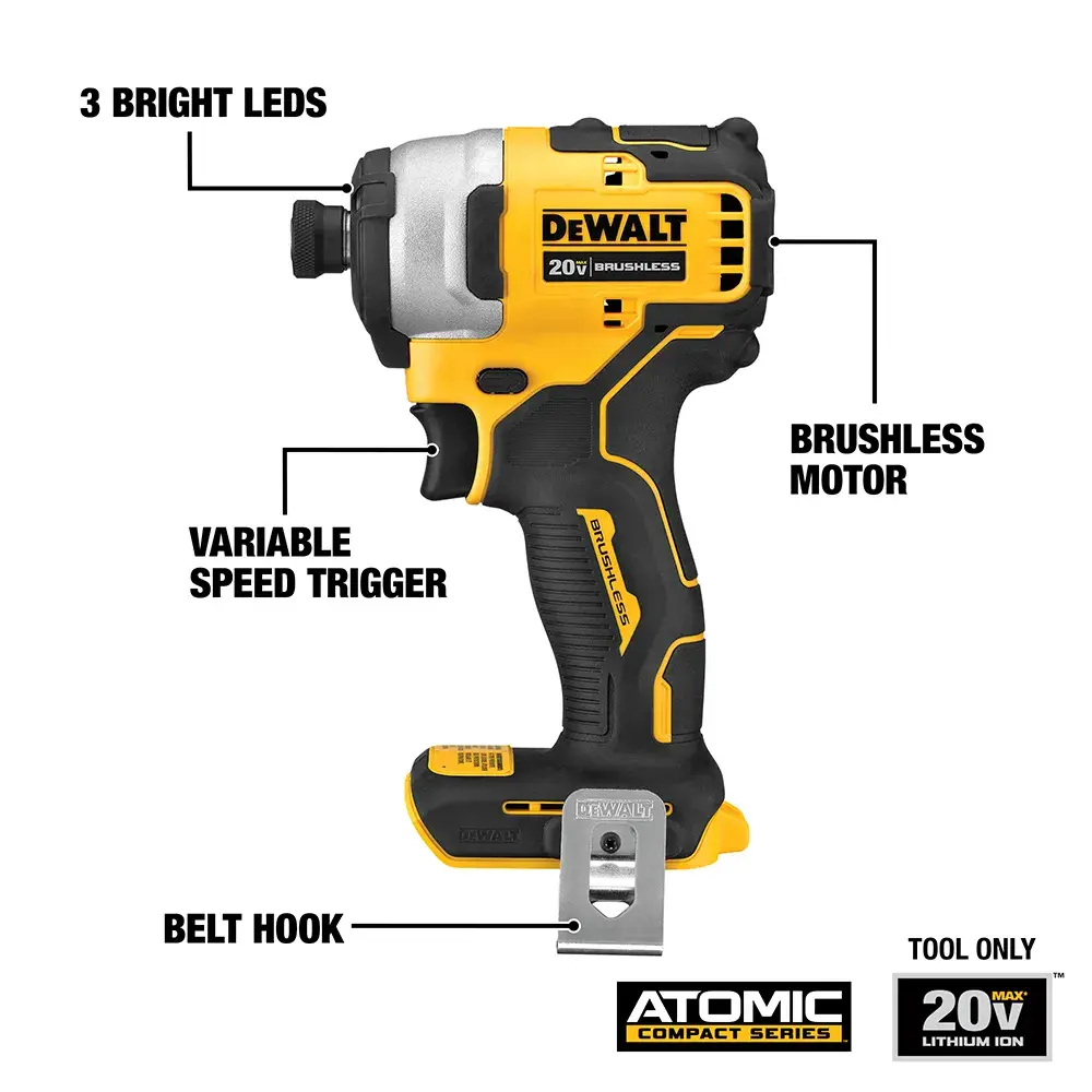 ATOMIC brushless cordless compact impact driver fastening screw through metallic box on wood.
