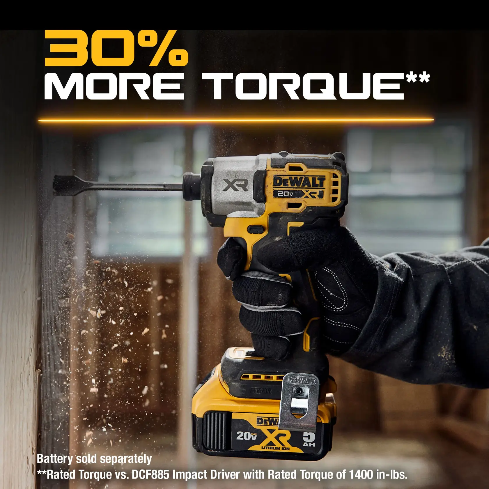 Graphic of DeWalt 20V Max XR 1.4 Inch 3-Speed Impact Driver highlighting 30 percent more torque