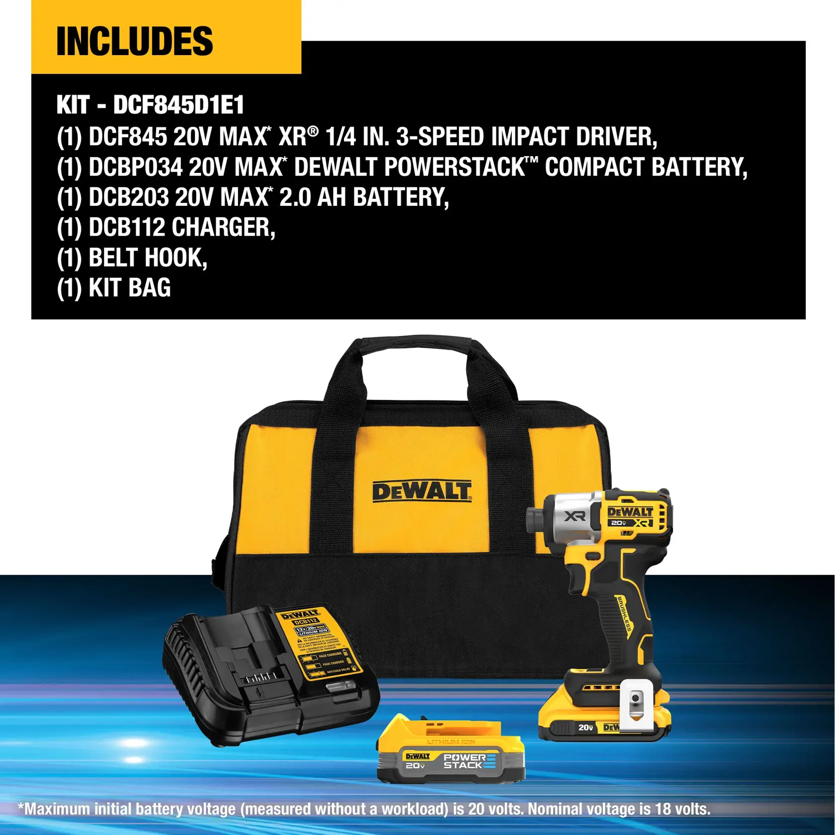 Kit shot of DeWalt 20V Max XR 1.4 Inch. 3-Speed Impact Driver with DeWalt powerstack compact battery, dewalt 2.0Ah battery, charger, and kit bag