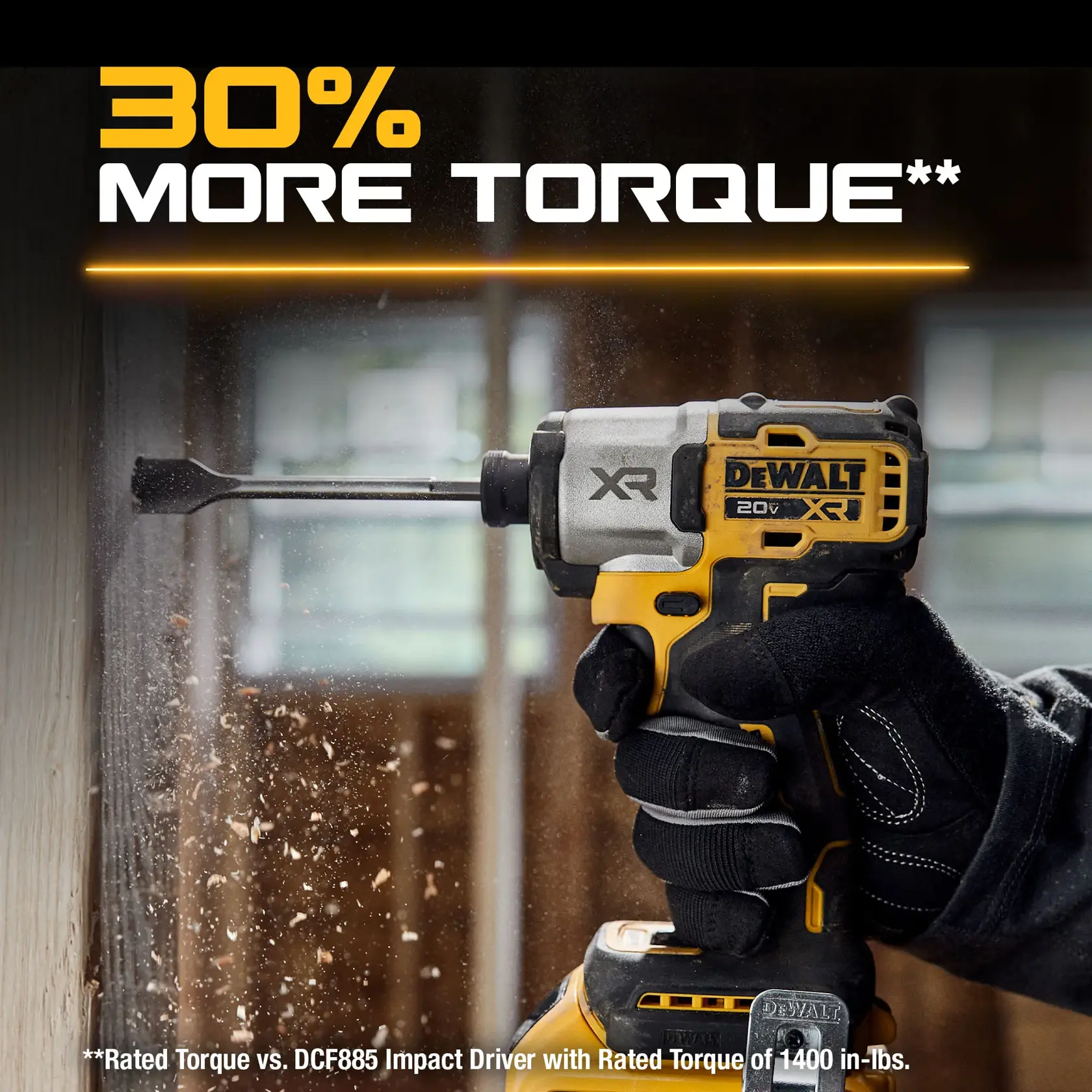 Graphic of DeWalt 20V Max XR 1.4 Inch 3-Speed Impact Driver highlighting 30 percent more torque