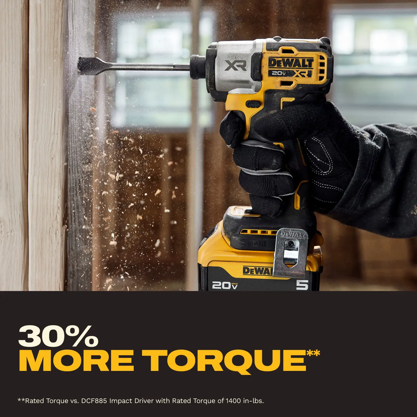 Graphic of DeWalt 20V Max XR 1.4 Inch 3-Speed Impact Driver highlighting 30 percent more torque