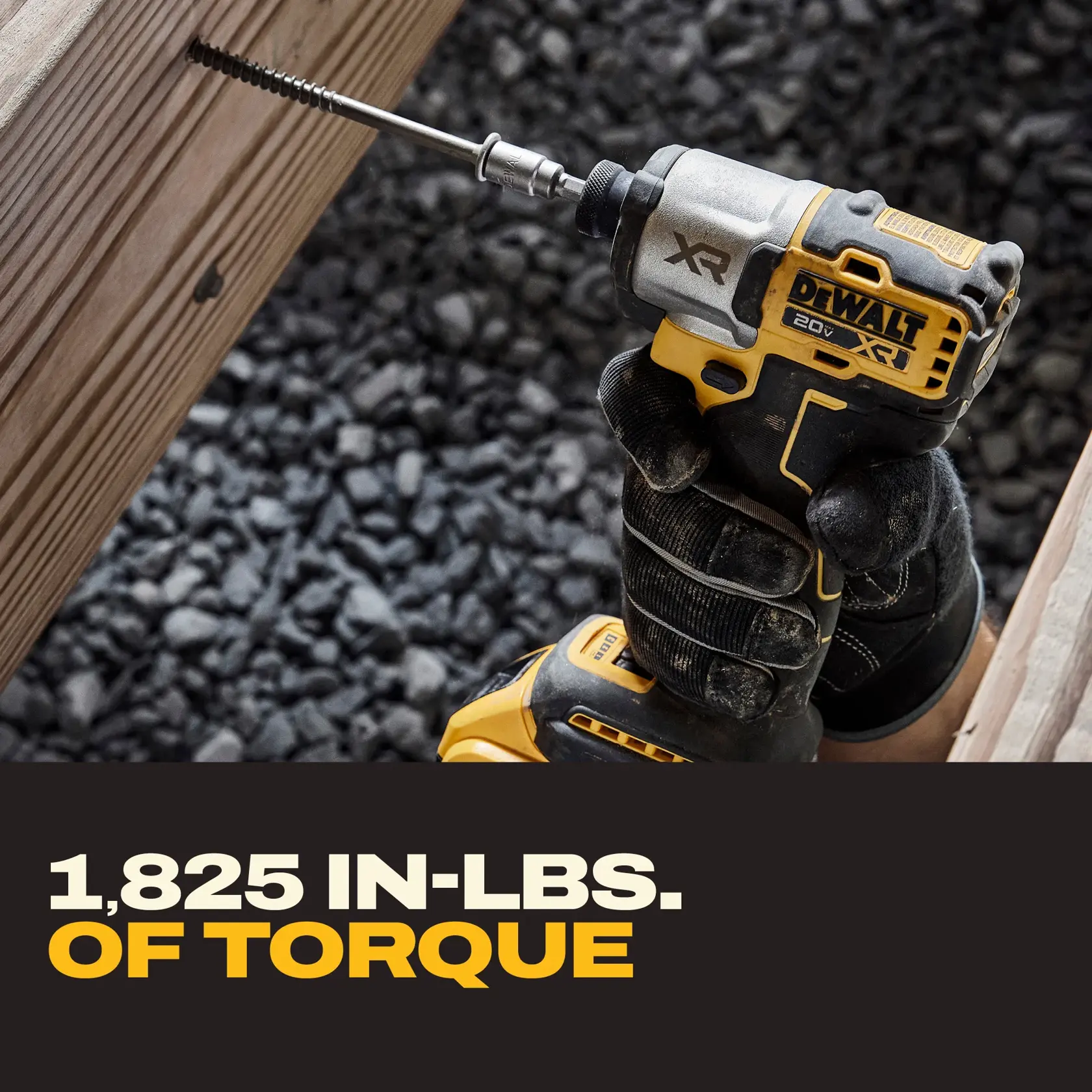 Graphic of DeWalt 20V Max XR 1.4 inch 3-Speed Impact Driver highlighting 1,825 inch-pounds of torque