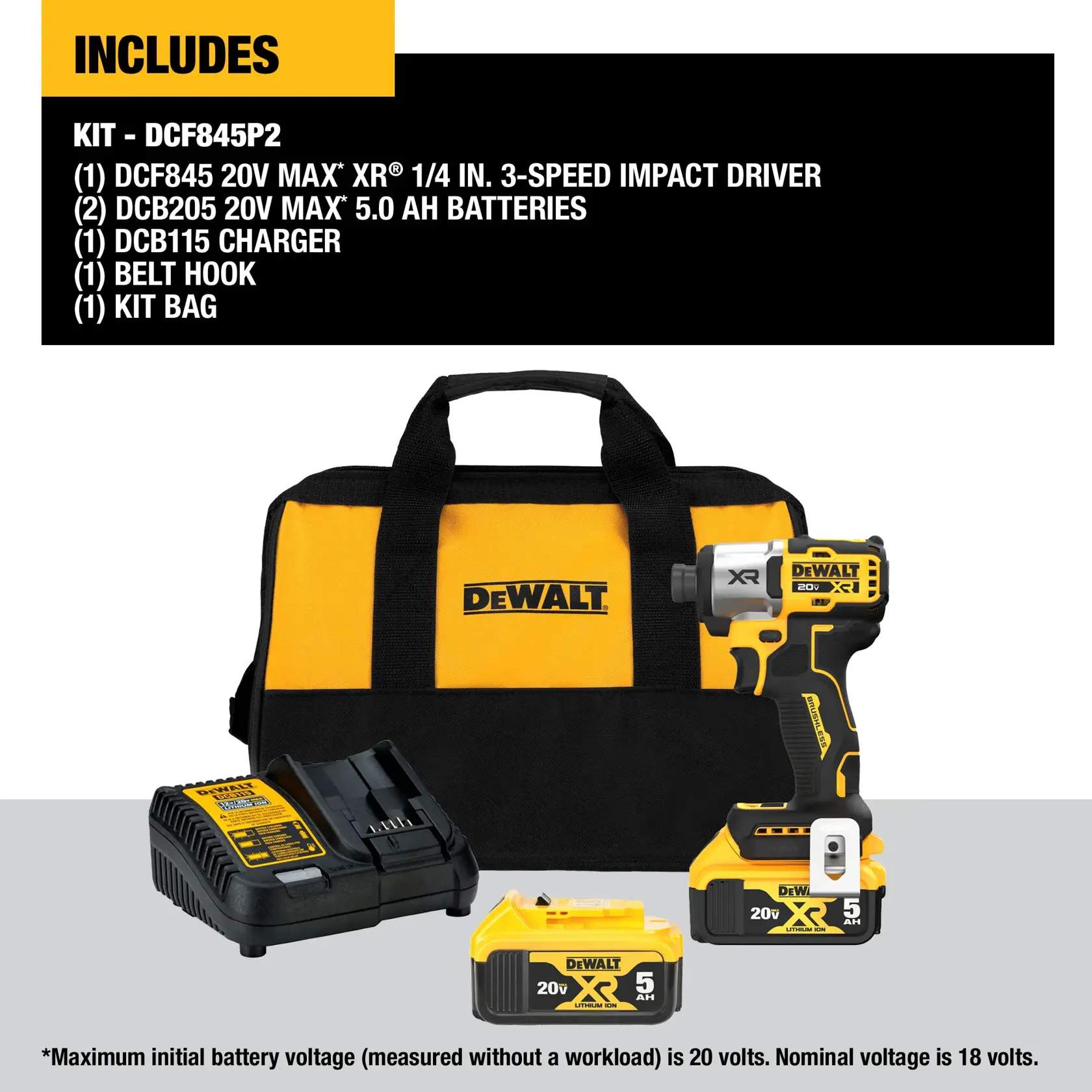 Kit shot of DeWalt 20V Max XR 1.4 In. 3-Speed Impact Driver with 2 batteries, charger and contractor bag