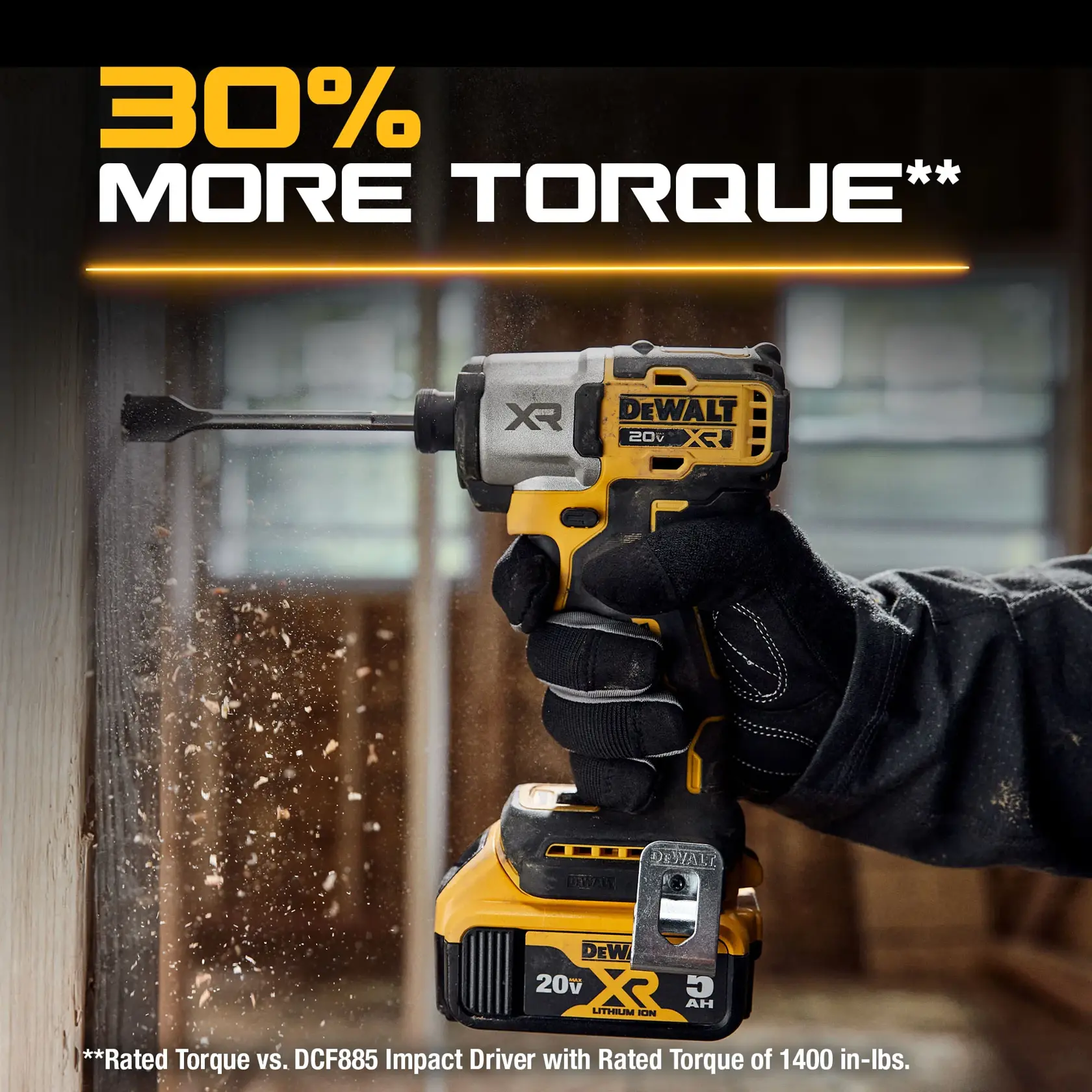 Graphic of DeWalt 20V Max XR 1.4 Inch 3-Speed Impact Driver highlighting 30 percent more torque