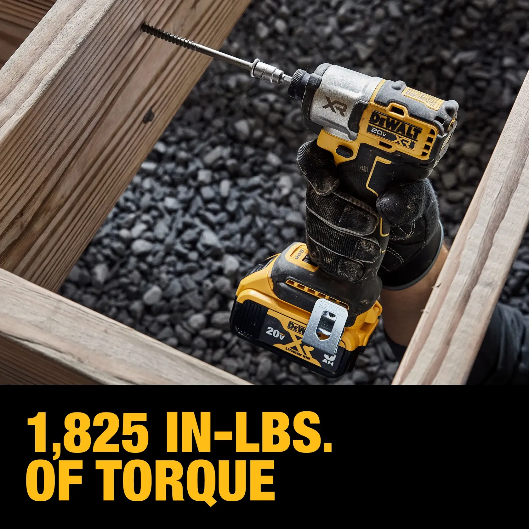 Graphic of DeWalt 20V Max XR 1.4 inch 3-Speed Impact Driver highlighting 1,825 inch-pounds of torque