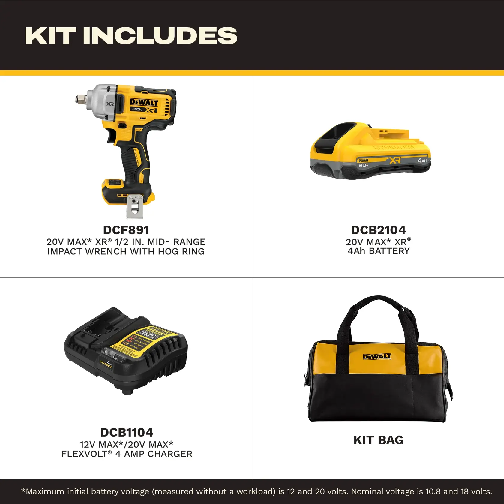 Image showing the contents of a Dewalt tool kit. The kit includes a DCF891 20V Max XR 1/2 inch mid-range impact wrench with hog ring, a DCB2104 20V Max XR compact 4Ah battery, a DCB1104 12V Max/20V Max FlexVolt 4 amp charger, and a black and yellow Dewalt kit bag.