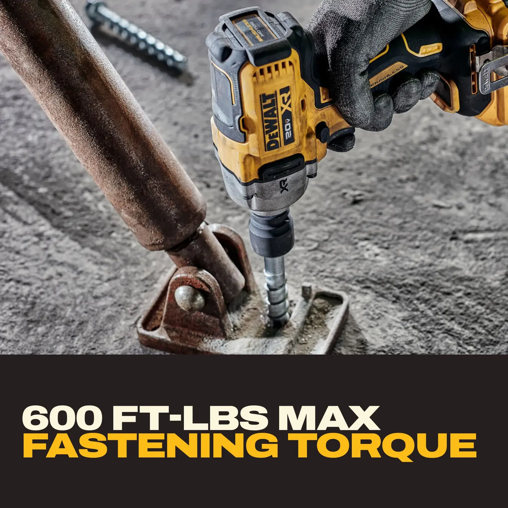 A close-up view of a person using a DEWALT 20V cordless impact wrench to fasten a large metal bolt in an industrial setting, with text stating '600 FT-LBS MAX FASTENING TORQUE' displayed at the bottom.