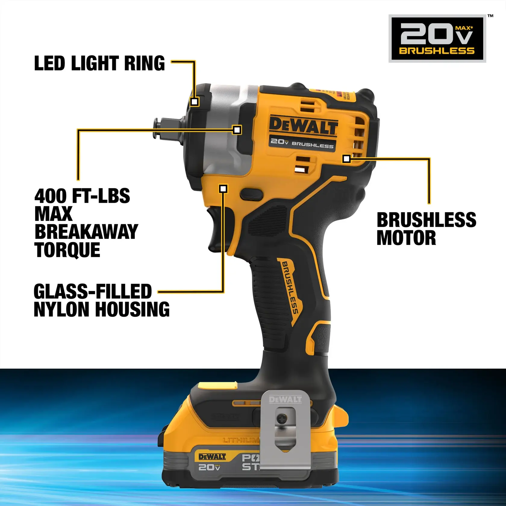 DEWALT 20V MAX 1/2“ Impact Wrench with Hog Ring Anvil & POWERSTACK Compact Battery product features: LED light ring, 400 ft-lbs max breakaaway toruqe, glass-filled nylon housing, brushless motor