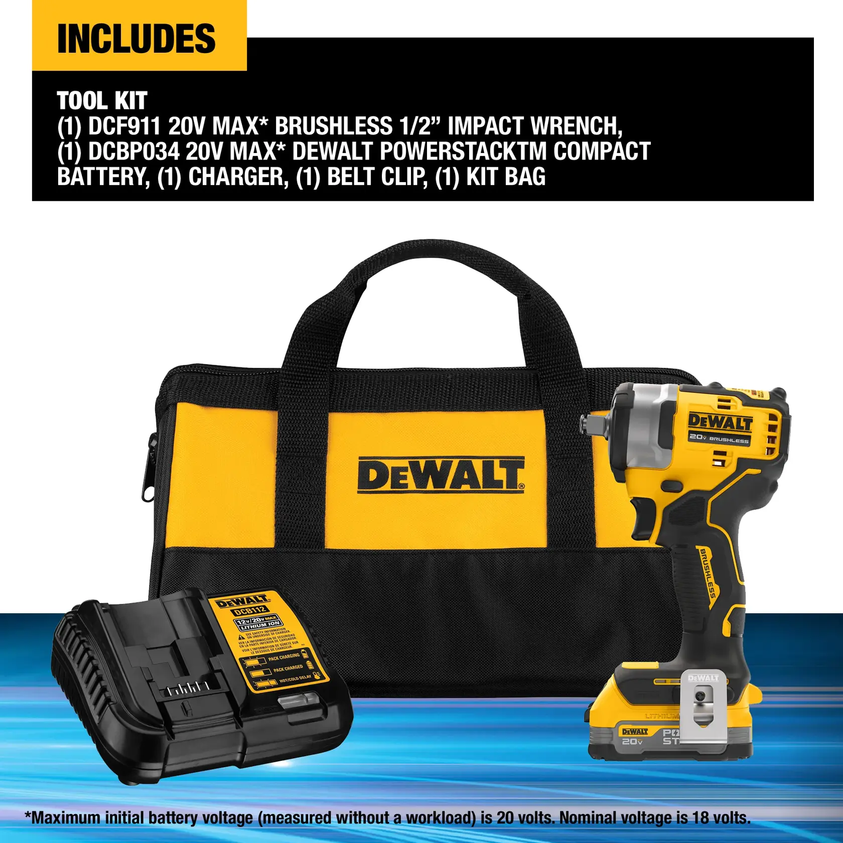 Includes: DEWALT 20V MAX 1/2“ Impact Wrench with Hog Ring Anvil & POWERSTACK Compact Battery, charger, blet clip, kit bag