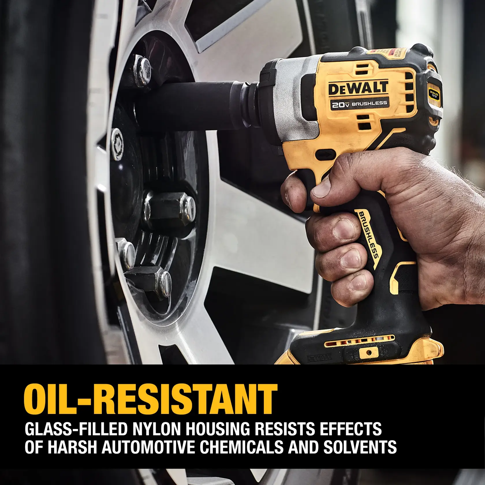 person fastening tire with DEWALT 20V MAX 1/2“ Impact Wrench with text below: Oil resistant, glass-filled nylon housing resists effects of harsh automotive chemicals and solvents (cannot see battery)