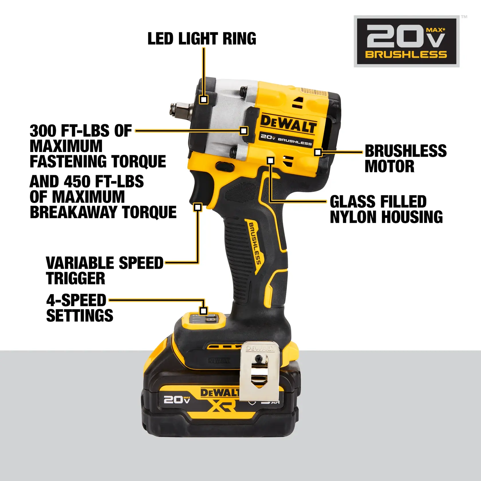 DEWALT® ATOMIC 20V MAX* 3/8 in Cordless Compact Impact Wrench With Hog Ring Anvil Kit
