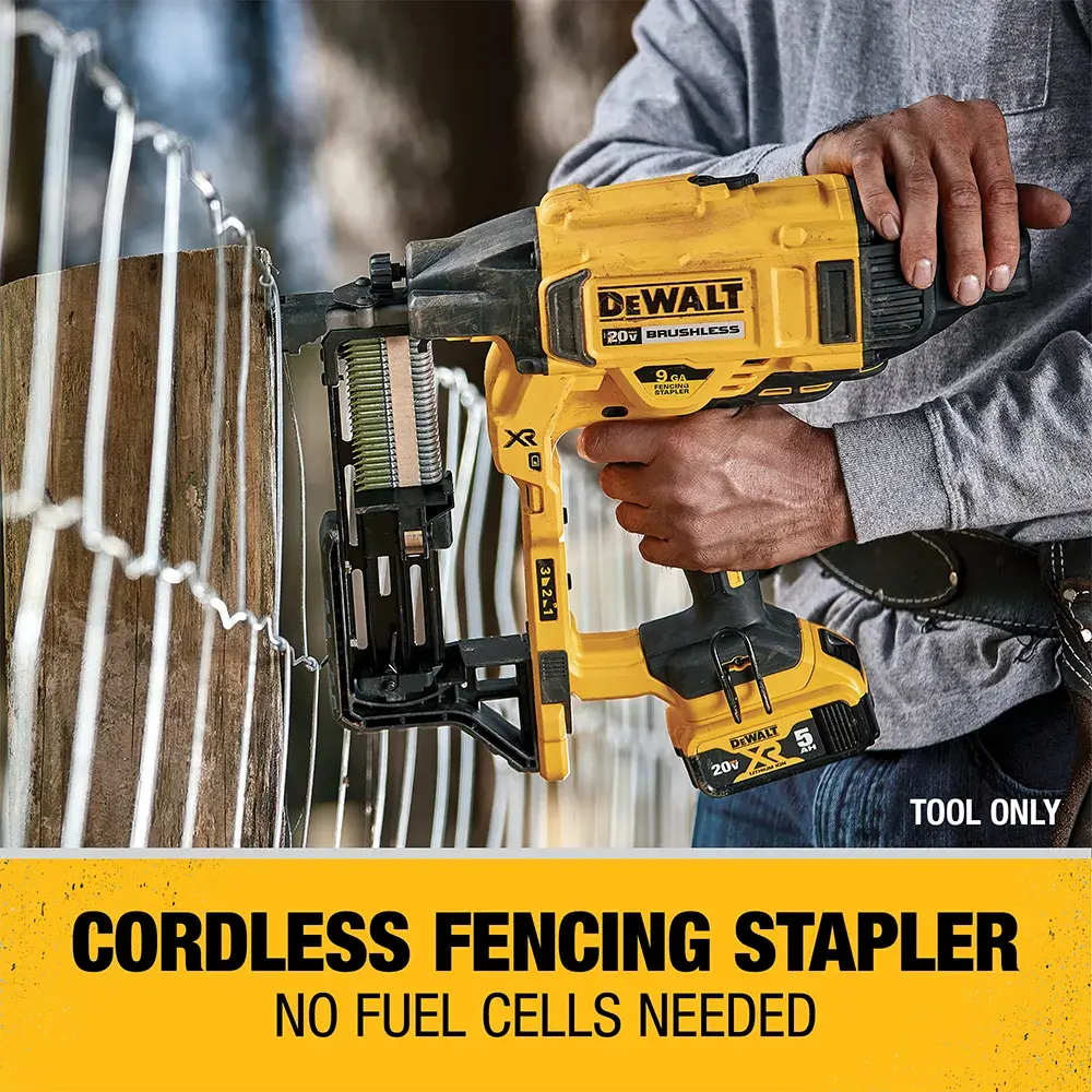 CORDLESS FENCING STAPLER being used on a wooden post by a person