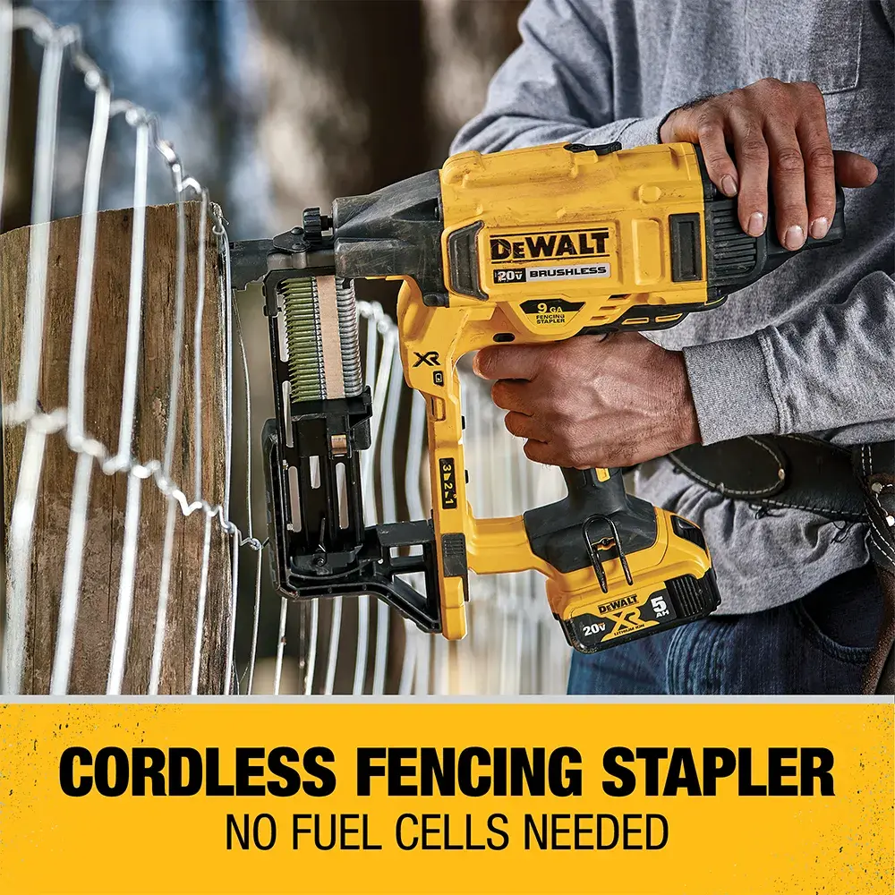 CORDLESS FENCING STAPLER being used on a wooden post by a person