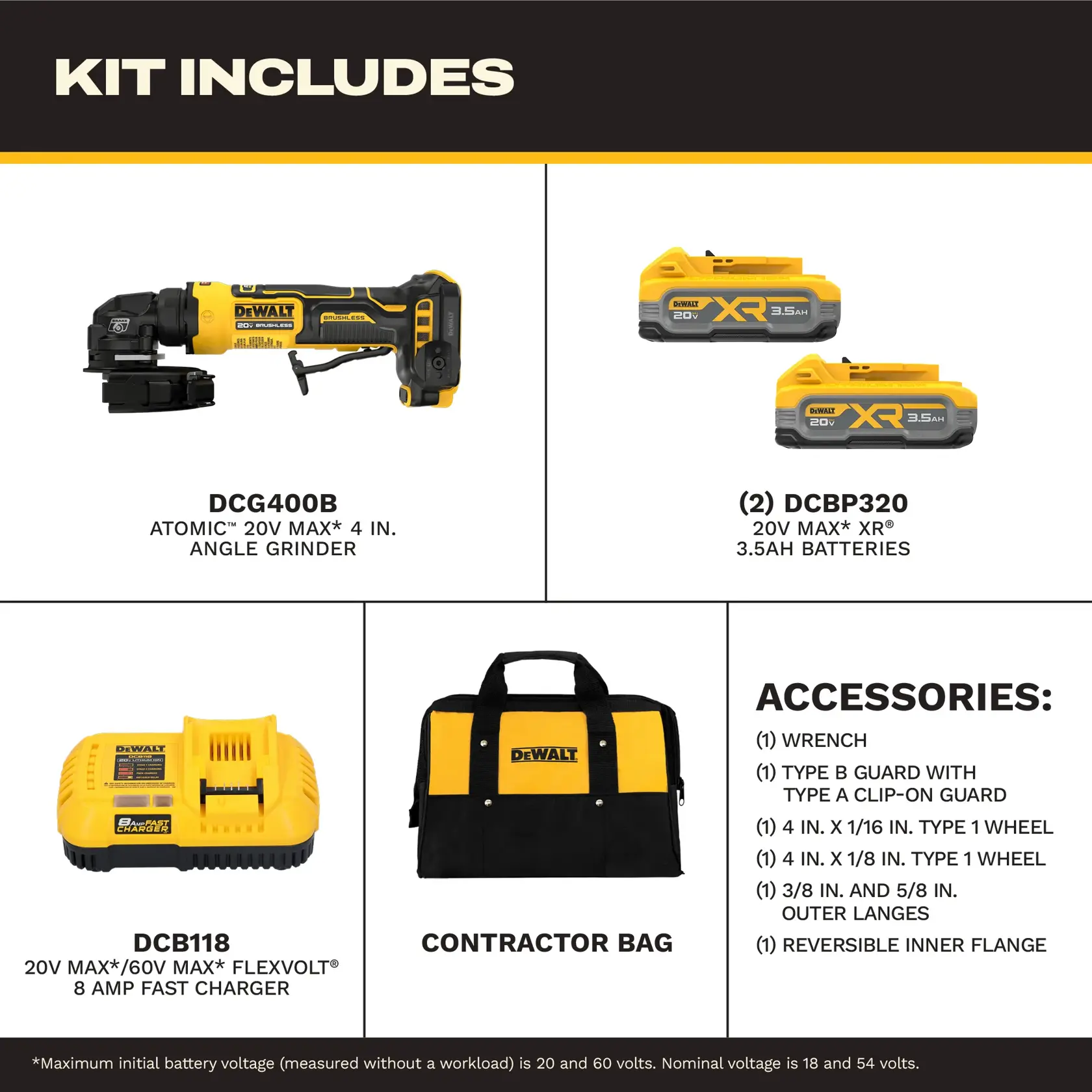 DEWALT ATOMIC™ 20V MAX* 4 in. Angle Grinder kit includes.