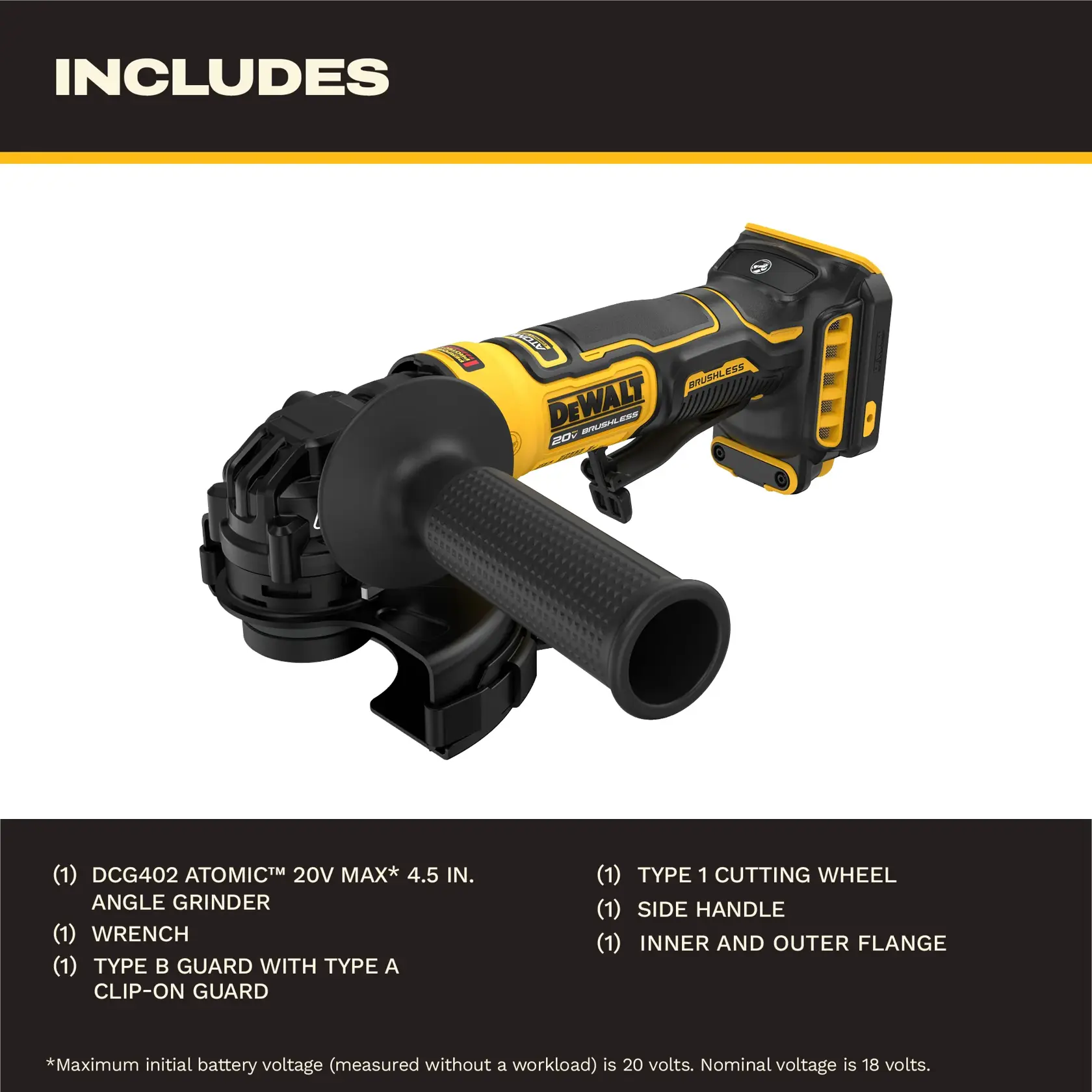 Image of a DEWALT DCG402 Atomic 20V Max brushless angle grinder, showing the included components: angle grinder, wrench, type B guard with type A clip-on guard, type 1 cutting wheel, side handle, and inner and outer flange. The product is displayed against a white and black background with a description of included parts.