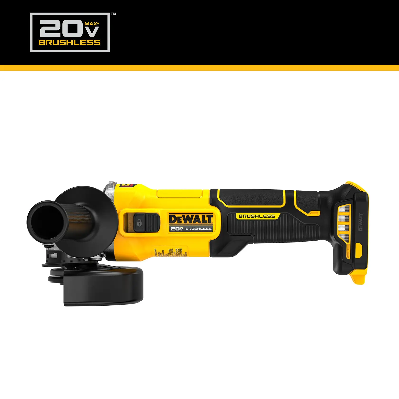 Side view of a DEWALT 20V MAX* Brushless cordless angle grinder, model DCG407B. The tool is yellow and black, with a side handle and a visible grinding guard. There is branding and model information on the side.