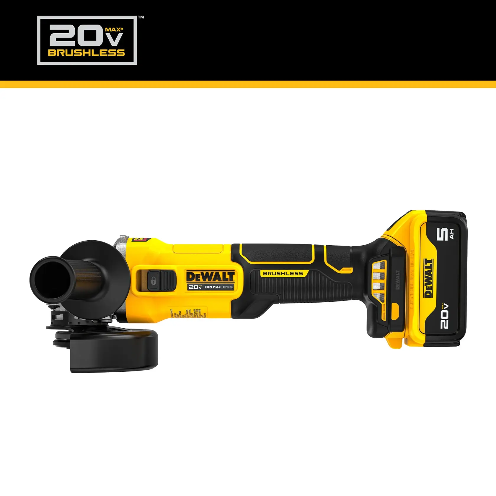 DEWALT 20V MAX brushless cordless angle grinder with a side handle, shown with a 5Ah battery attached. The tool is yellow and black and features the DEWALT logo.